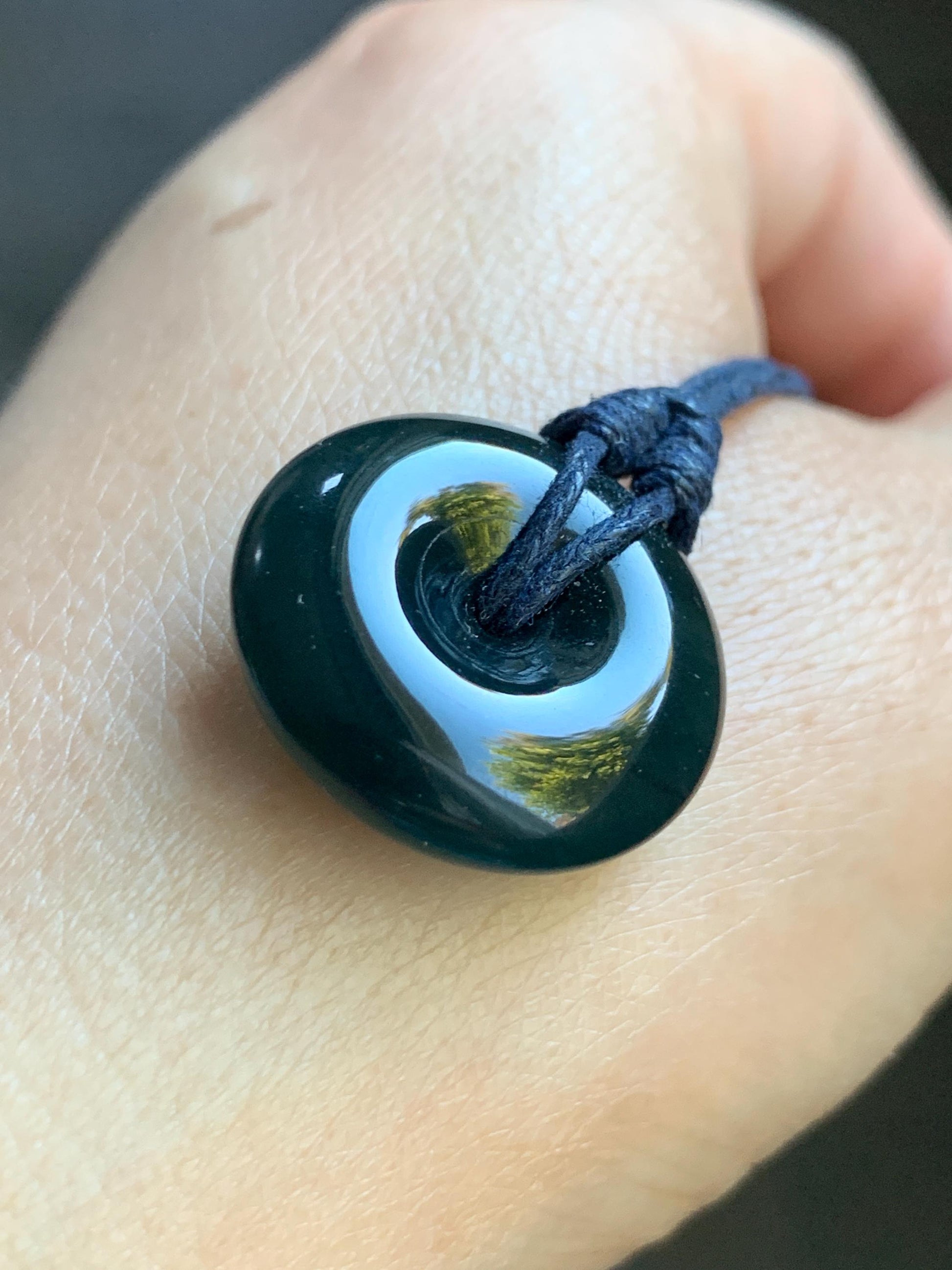 Natural Guatemalan Icy Translucent Gelatinous Deep Teal Blue Jadeite Thick Ping An Kou Donut Pendant Rope Necklace 25” 8g 天然老种冰胶危老蓝水翡翠平安扣吊坠
