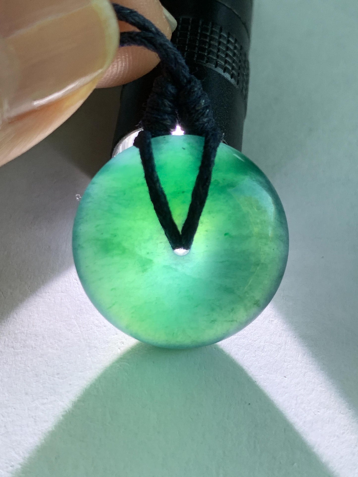 Natural Guatemalan Icy Translucent Gelatinous Deep Teal Blue Jadeite Thick Ping An Kou Donut Pendant Rope Necklace 25” 8g 天然老种冰胶危老蓝水翡翠平安扣吊坠