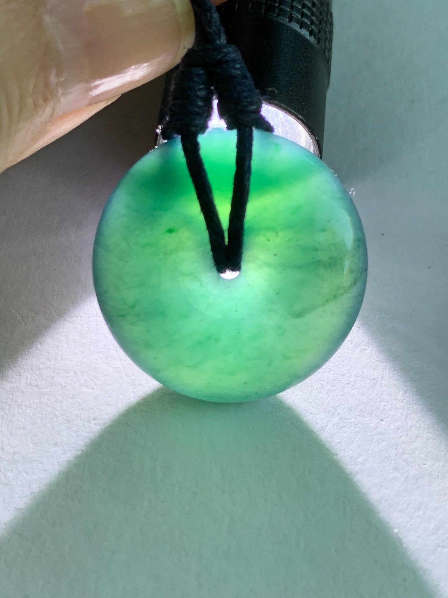 Natural Guatemalan Icy Translucent Gelatinous Deep Teal Blue Jadeite Thick Ping An Kou Donut Pendant Rope Necklace 25” 8g 天然老种冰胶危老蓝水翡翠平安扣吊坠