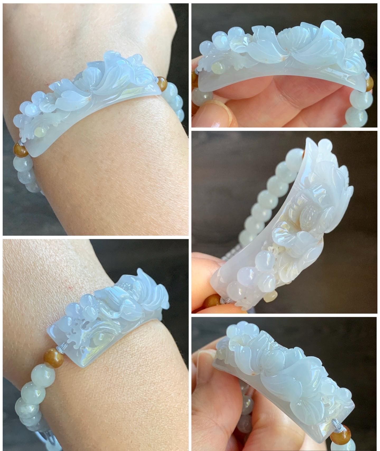 Certified Natural Burmese Icy Translucent Light Purple Golden Brown Marbled Jadeite Lotus Flower Cuff Beaded Bracelet 24g 天然缅甸冰淡紫底撒金翡翠莲花手牌手串