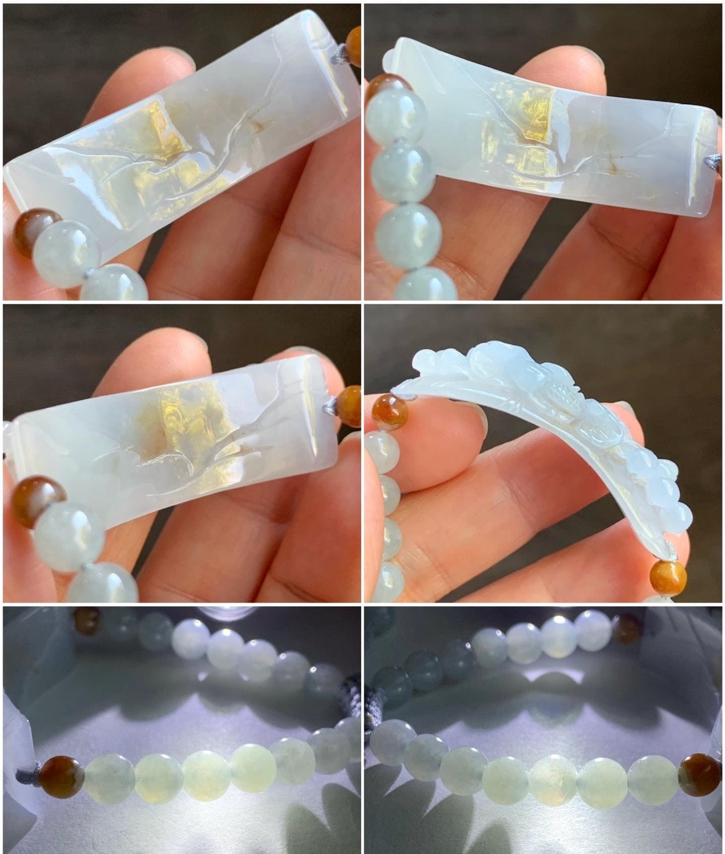 Certified Natural Burmese Icy Translucent Light Purple Golden Brown Marbled Jadeite Lotus Flower Cuff Beaded Bracelet 24g 天然缅甸冰淡紫底撒金翡翠莲花手牌手串