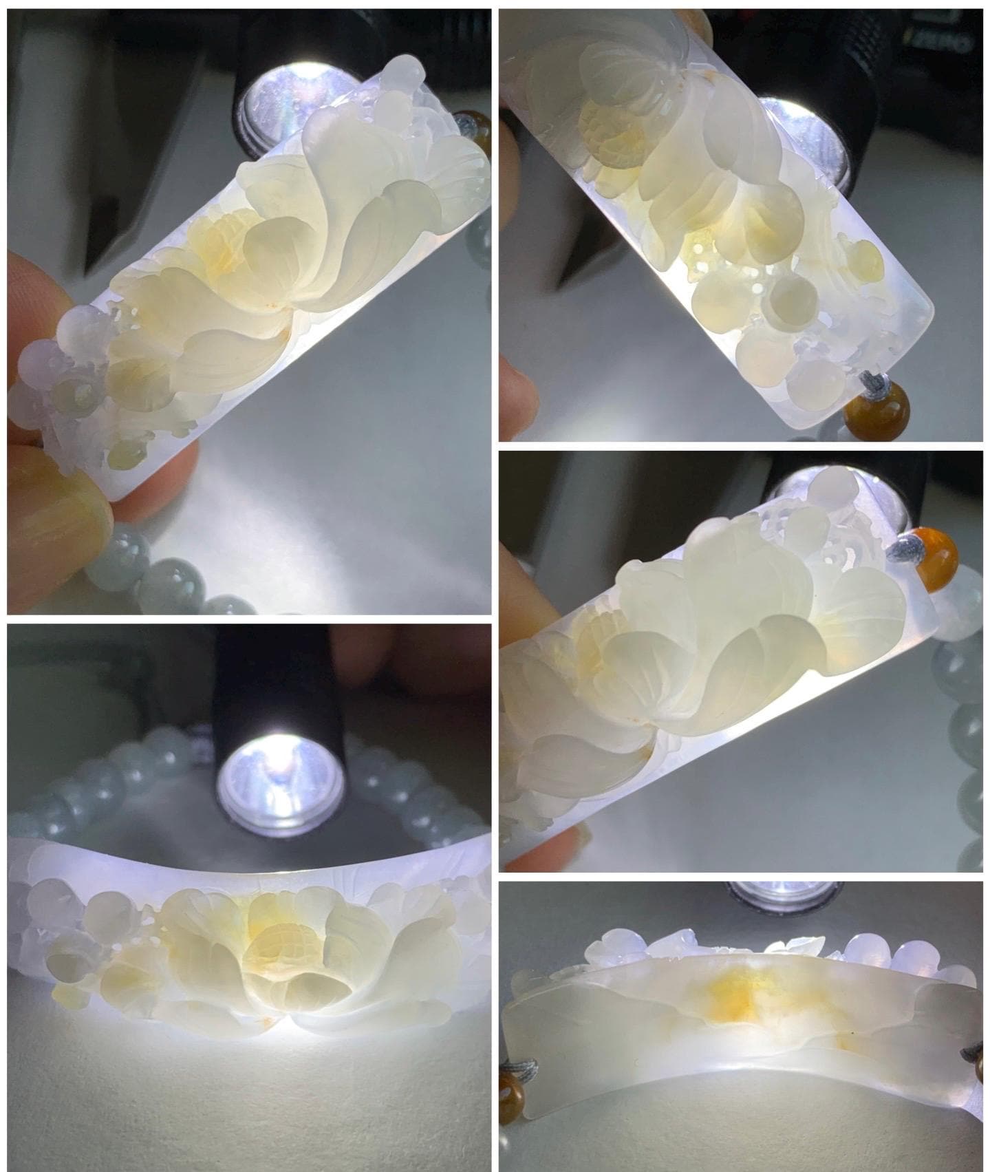 Certified Natural Burmese Icy Translucent Light Purple Golden Brown Marbled Jadeite Lotus Flower Cuff Beaded Bracelet 24g 天然缅甸冰淡紫底撒金翡翠莲花手牌手串