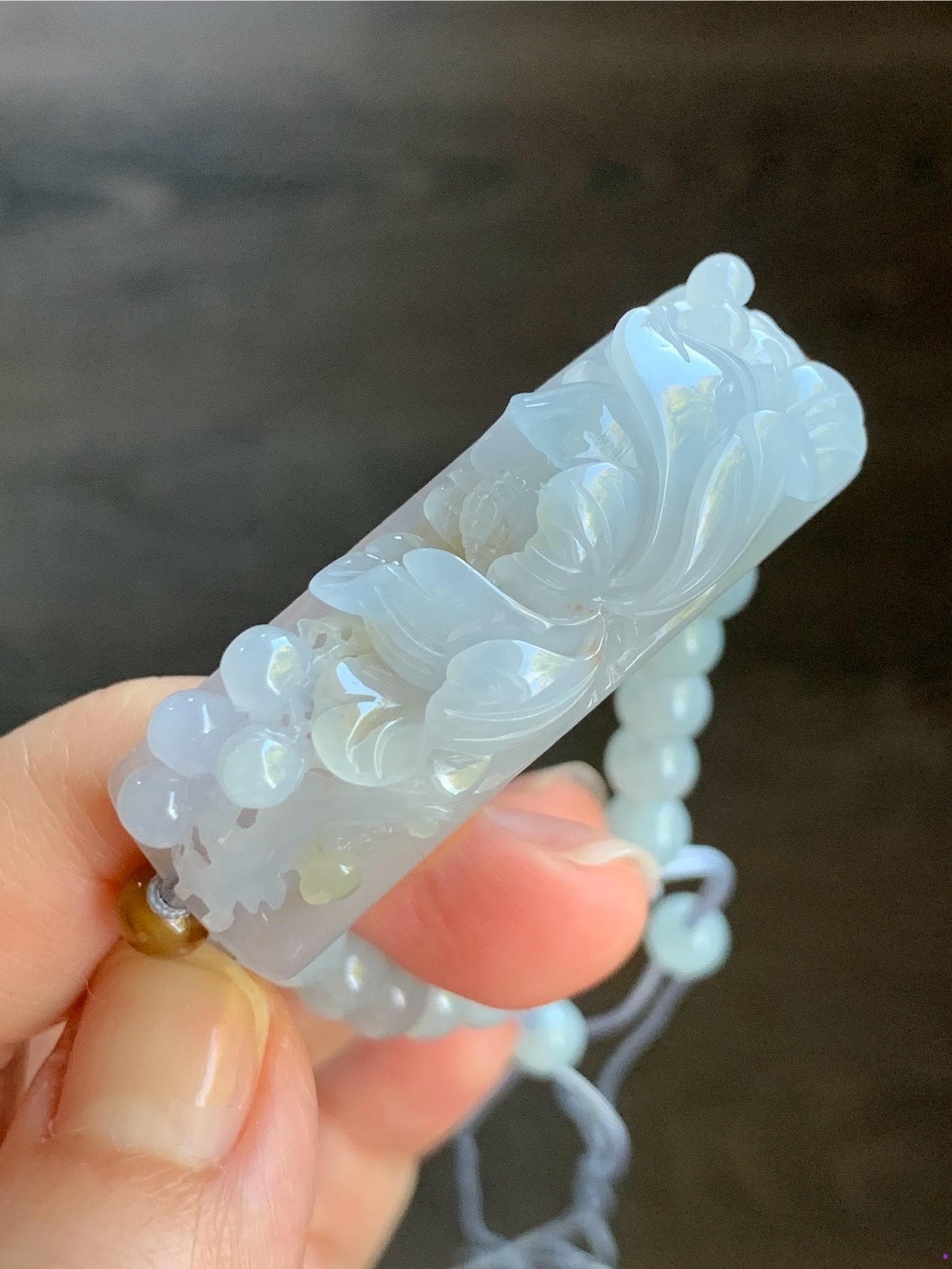 Certified Natural Burmese Icy Translucent Light Purple Golden Brown Marbled Jadeite Lotus Flower Cuff Beaded Bracelet 24g 天然缅甸冰淡紫底撒金翡翠莲花手牌手串