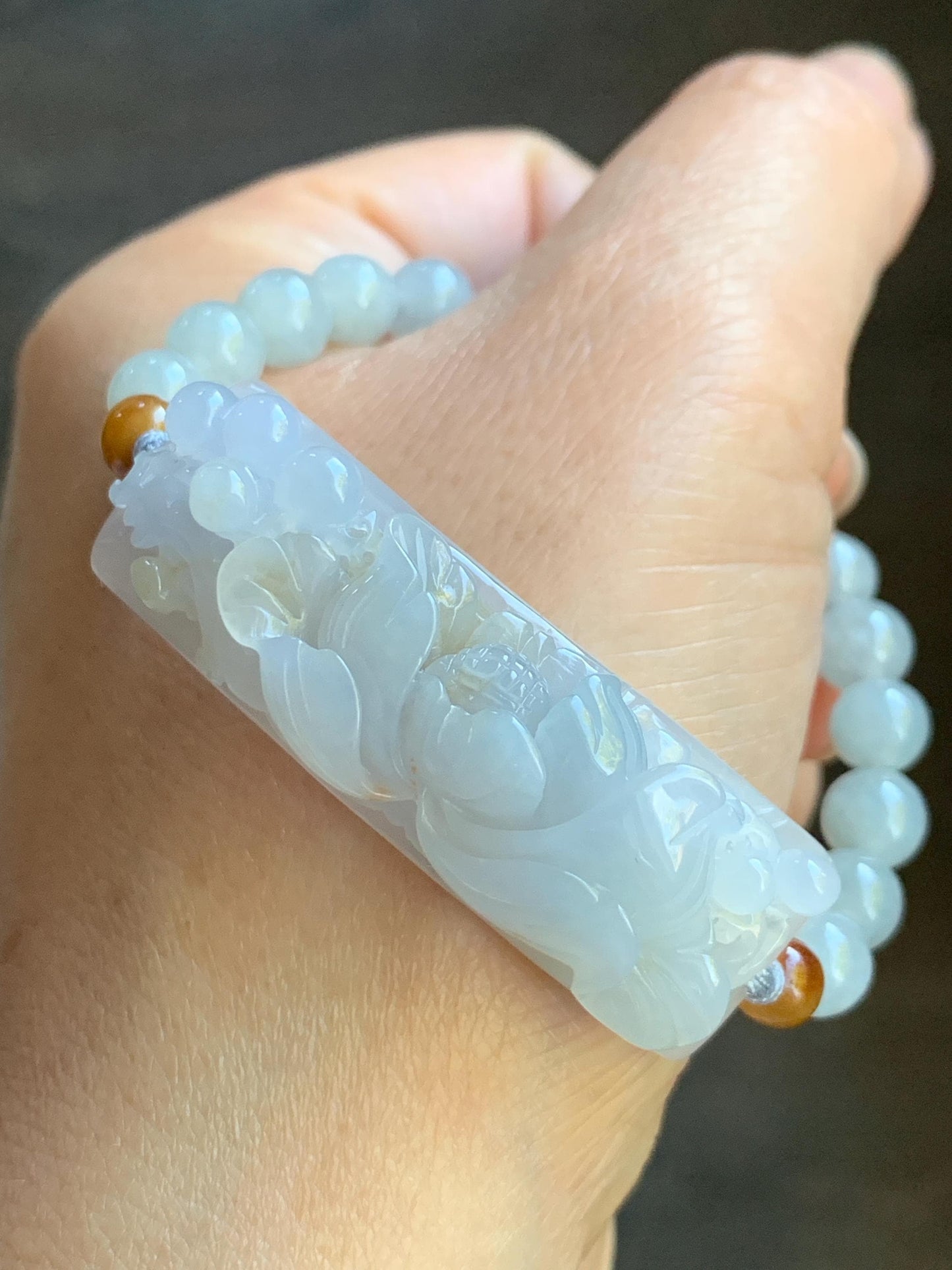 Certified Natural Burmese Icy Translucent Light Purple Golden Brown Marbled Jadeite Lotus Flower Cuff Beaded Bracelet 24g 天然缅甸冰淡紫底撒金翡翠莲花手牌手串