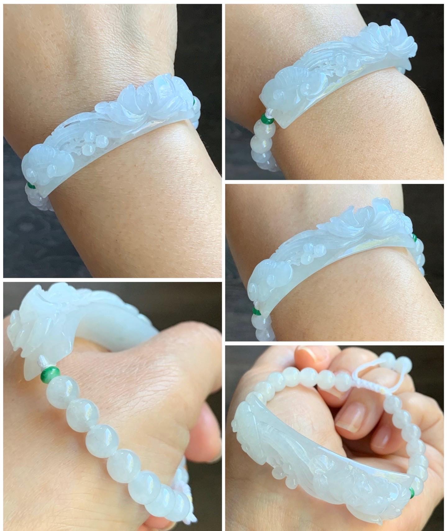Certified Natural Burmese Icy Translucent White Jadeite Carved Lotus Flower Ruyi Cuff Beaded Bracelet Adjustable 6.75” 24g 天然缅白冰翡翠莲花如意手牌手串