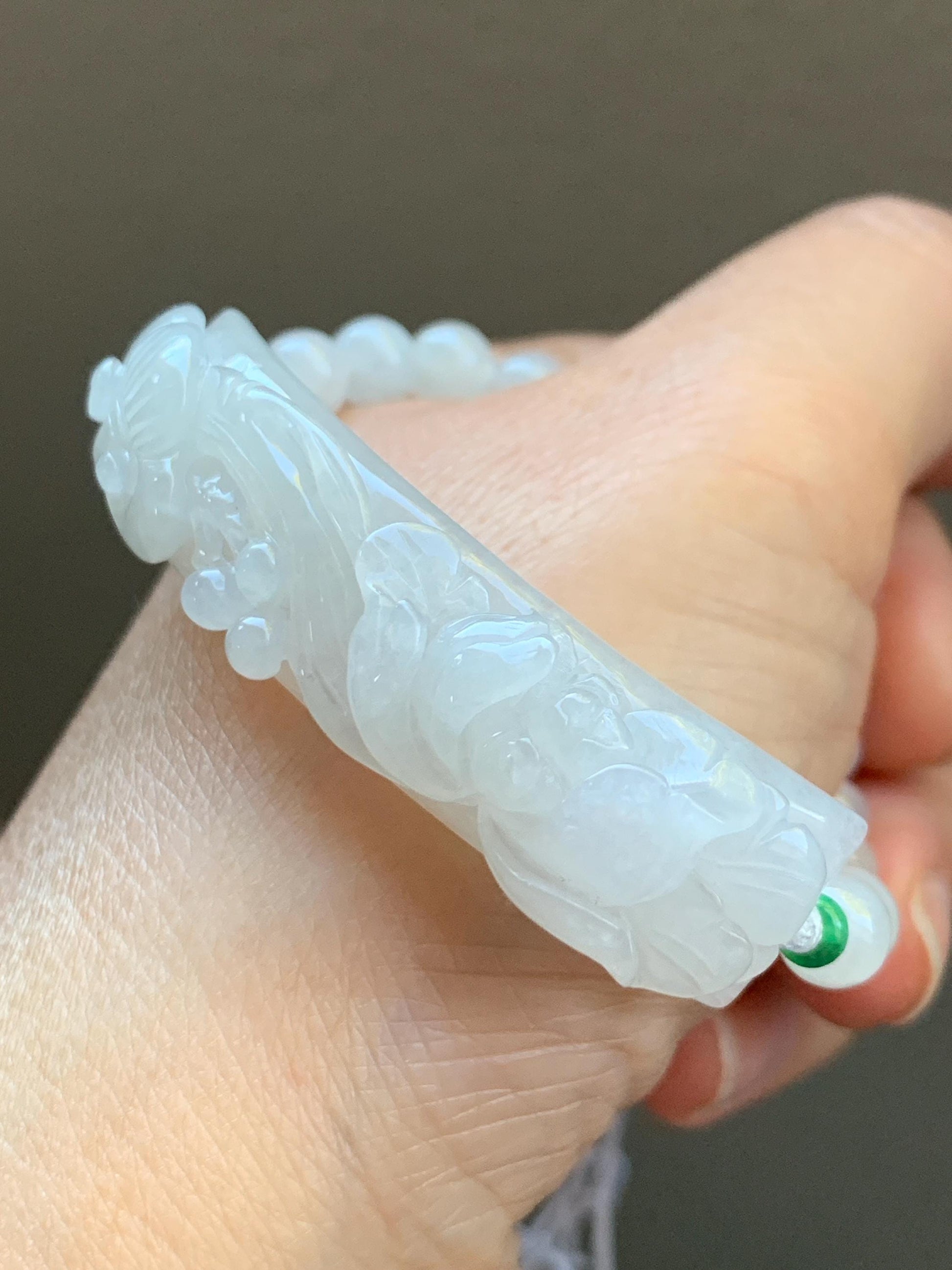 Certified Natural Burmese Icy Translucent White Jadeite Carved Lotus Flower Ruyi Cuff Beaded Bracelet Adjustable 6.75” 24g 天然缅白冰翡翠莲花如意手牌手串