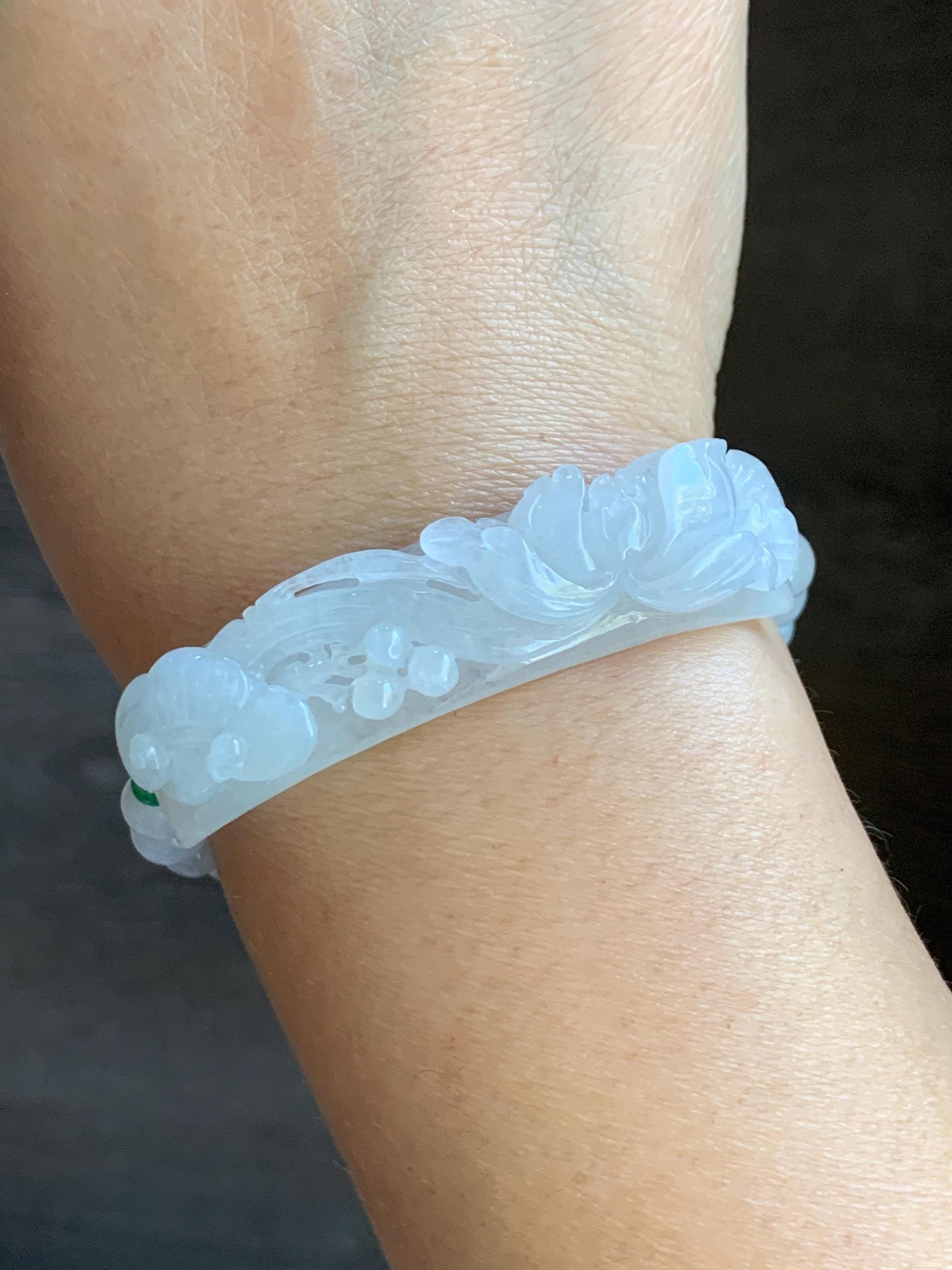 Certified Natural Burmese Icy Translucent White Jadeite Carved Lotus Flower Ruyi Cuff Beaded Bracelet Adjustable 6.75” 24g 天然缅白冰翡翠莲花如意手牌手串