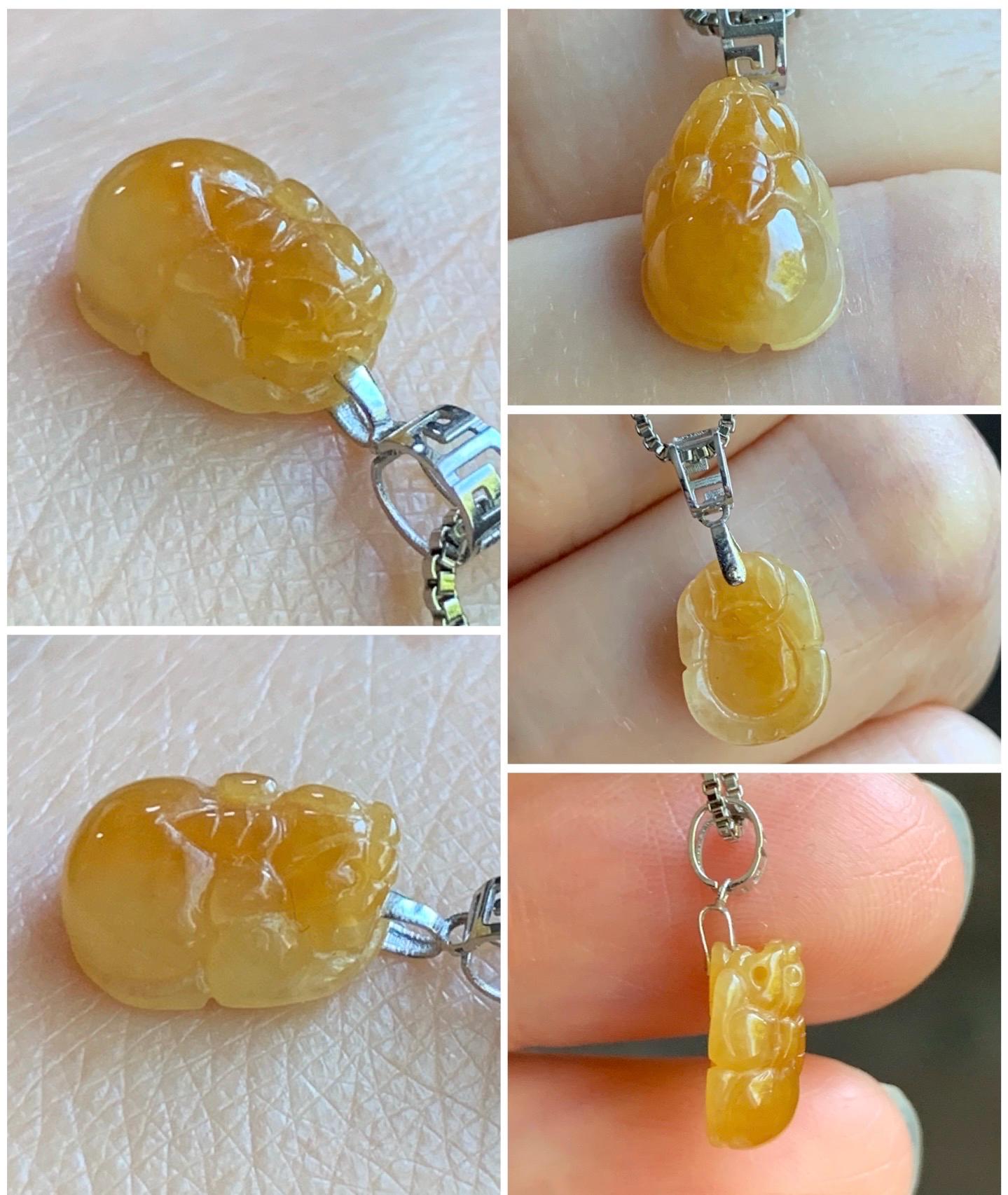 Petite Natural Burmese Icy Translucent Intense Yellow Jadeite Pixiu Pendant 18K White Gold Bail 天然缅甸冰鸡油黄翡翠貔貅镶嵌吊坠