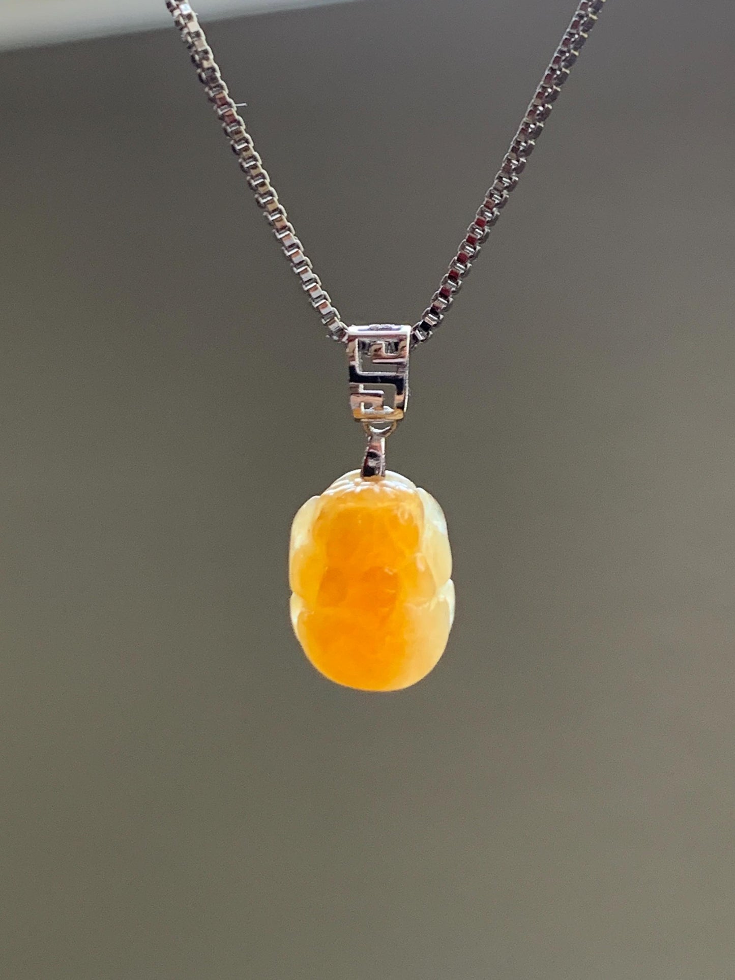 Petite Natural Burmese Icy Translucent Intense Yellow Jadeite Pixiu Pendant 18K White Gold Bail 天然缅甸冰鸡油黄翡翠貔貅镶嵌吊坠