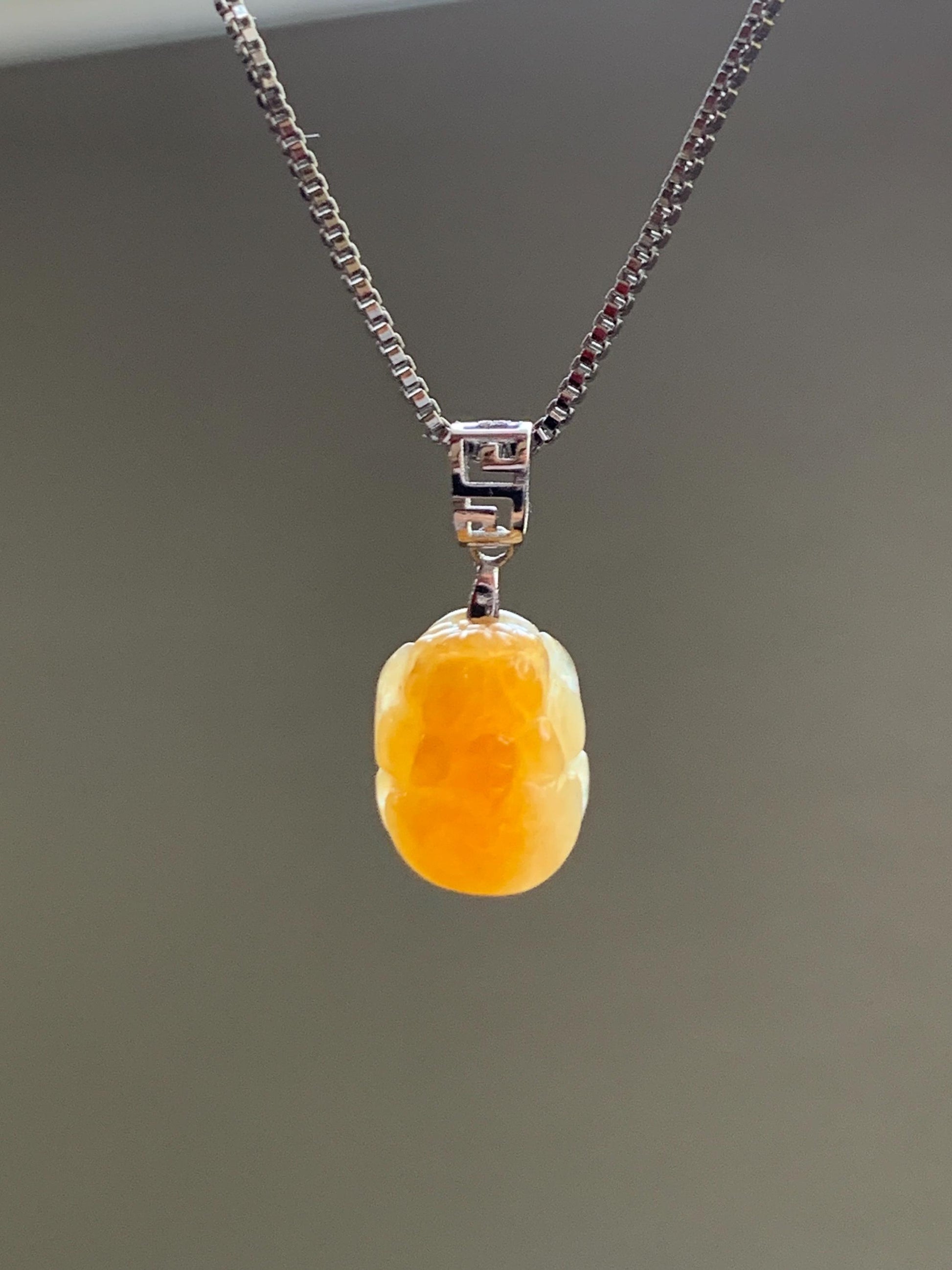 Petite Natural Burmese Icy Translucent Intense Yellow Jadeite Pixiu Pendant 18K White Gold Bail 天然缅甸冰鸡油黄翡翠貔貅镶嵌吊坠