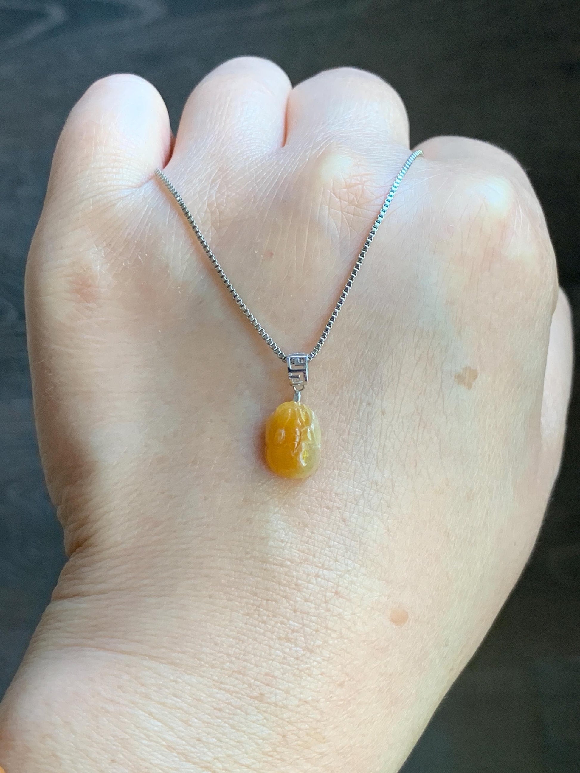 Petite Natural Burmese Icy Translucent Intense Yellow Jadeite Pixiu Pendant 18K White Gold Bail 天然缅甸冰鸡油黄翡翠貔貅镶嵌吊坠