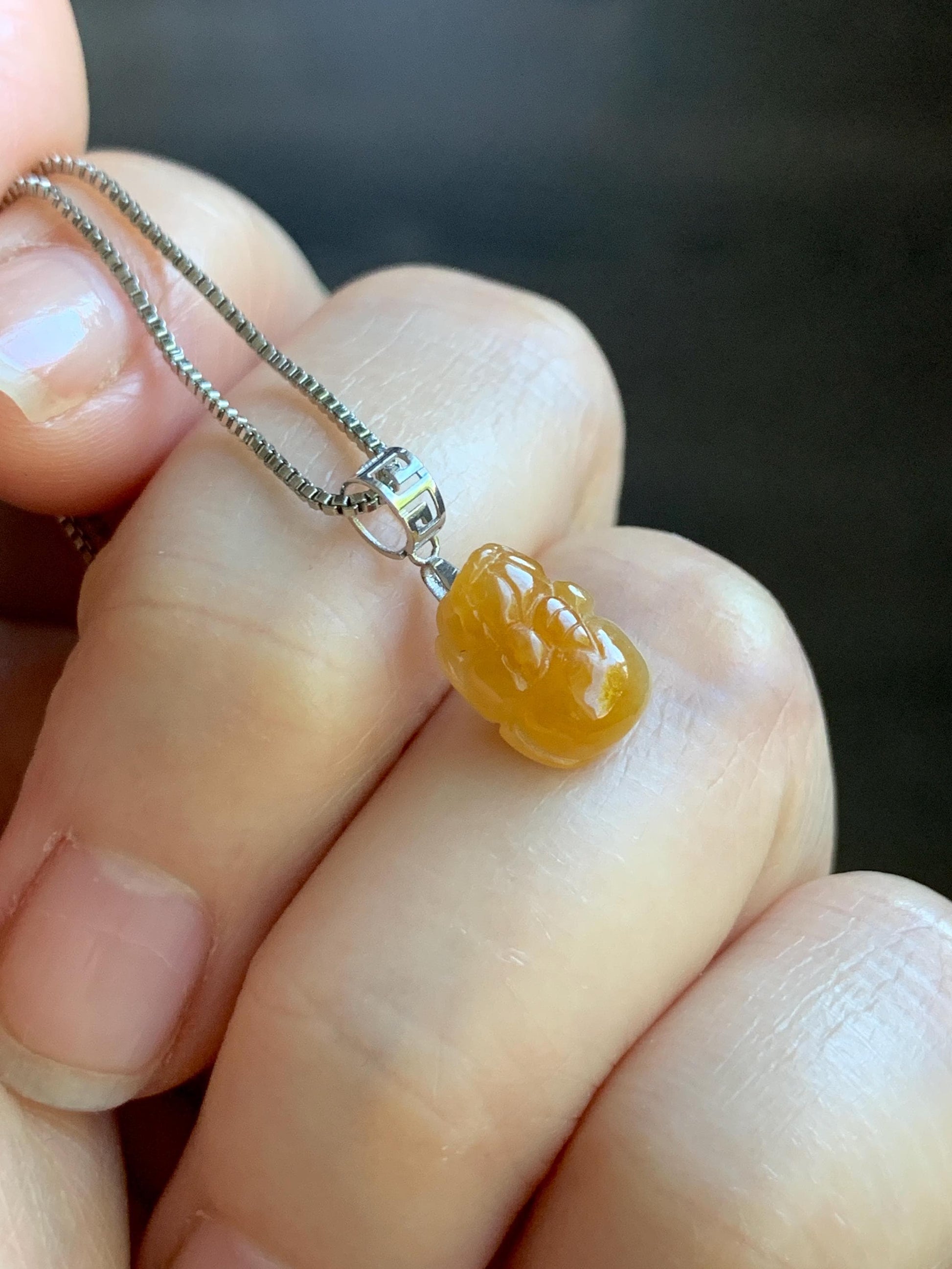 Petite Natural Burmese Icy Translucent Intense Yellow Jadeite Pixiu Pendant 18K White Gold Bail 天然缅甸冰鸡油黄翡翠貔貅镶嵌吊坠