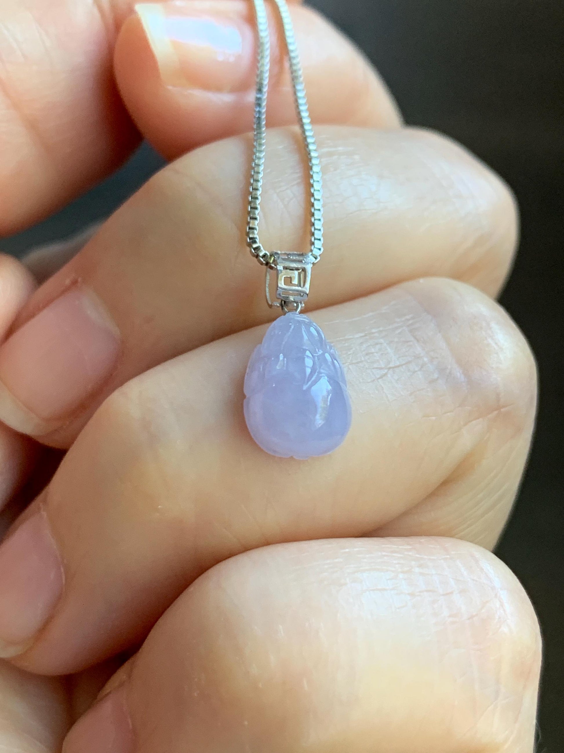 Petite Natural Burmese Icy Translucent Light Purple Jadeite Pixiu Pendant 18K White Gold Bail 天然缅甸冰紫翡翠貔貅镶嵌吊坠