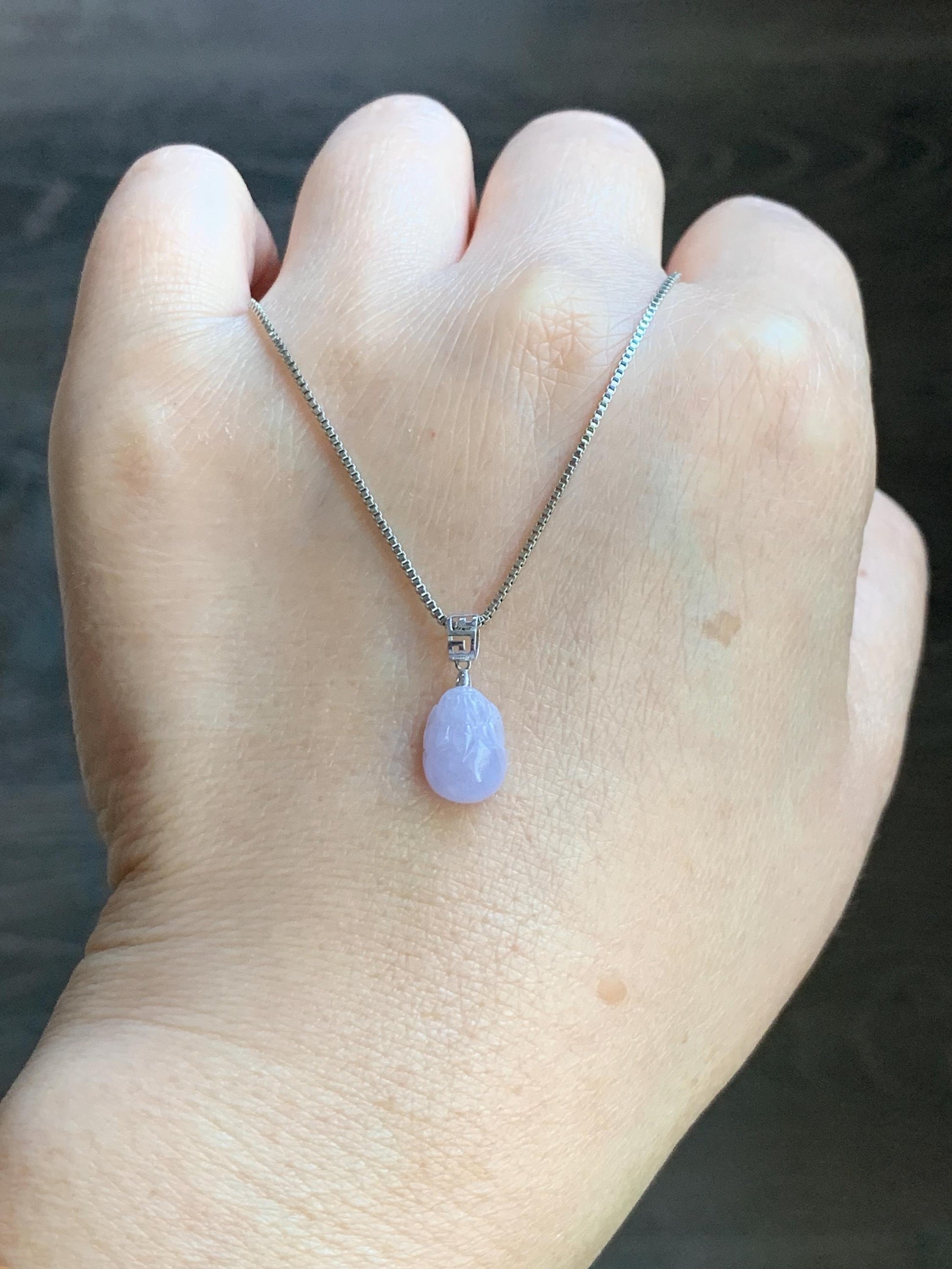 Petite Natural Burmese Icy Translucent Light Purple Jadeite Pixiu Pendant 18K White Gold Bail 天然缅甸冰紫翡翠貔貅镶嵌吊坠