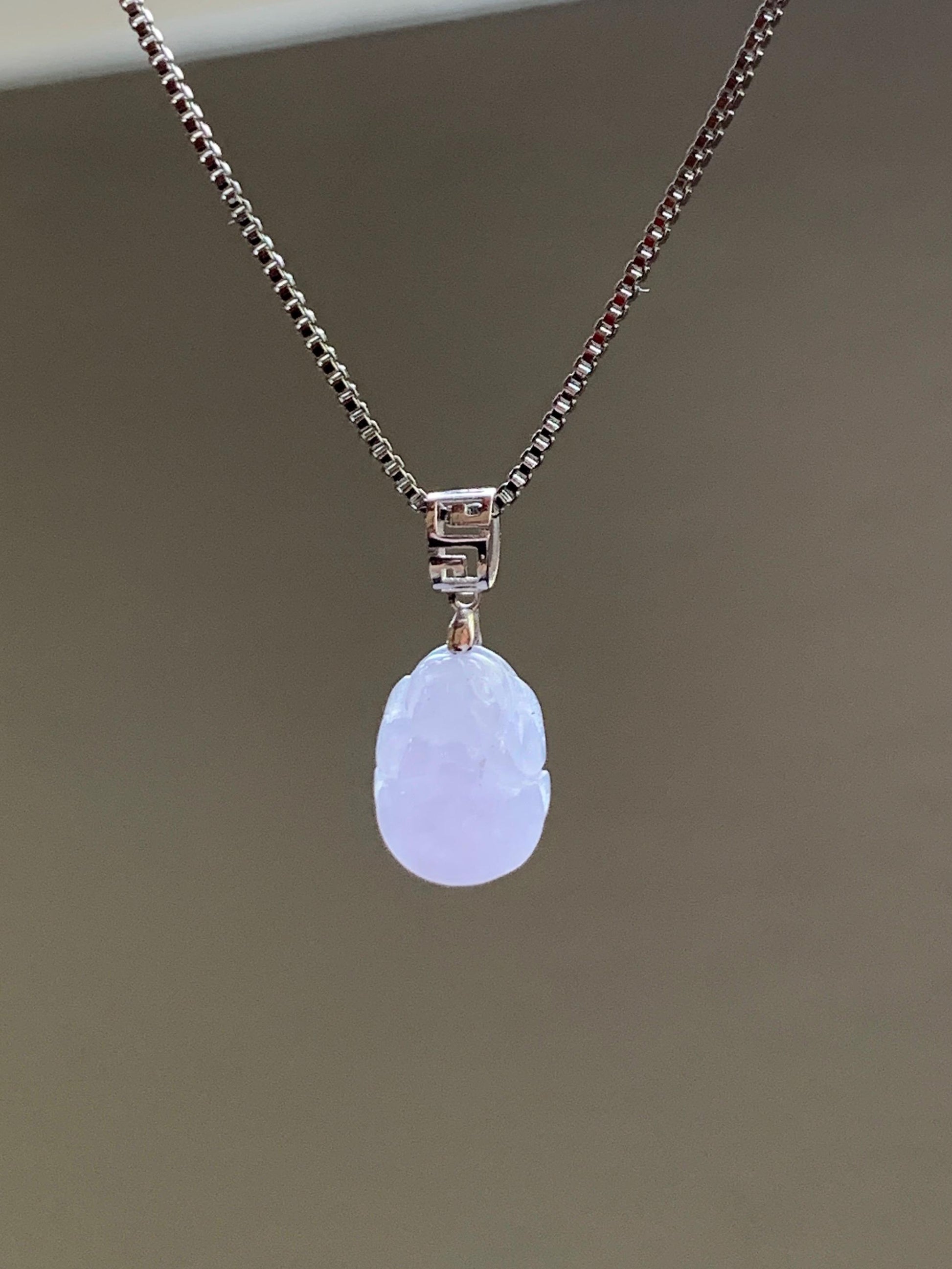 Petite Natural Burmese Icy Translucent Light Purple Jadeite Pixiu Pendant 18K White Gold Bail 天然缅甸冰紫翡翠貔貅镶嵌吊坠