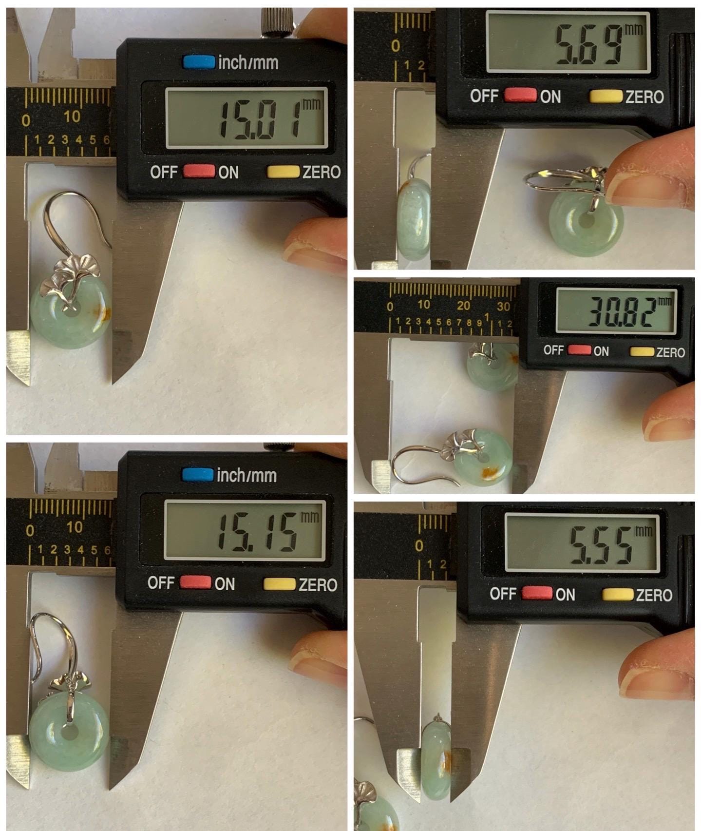 Certified Natural Burmese Icy Light Green Golden Marbled Jadeite Ping An Kou Donut Dangle Earrings Sterling Silver 天然缅甸冰晴撒金翡翠平安扣银杏叶银镶耳钩 3046