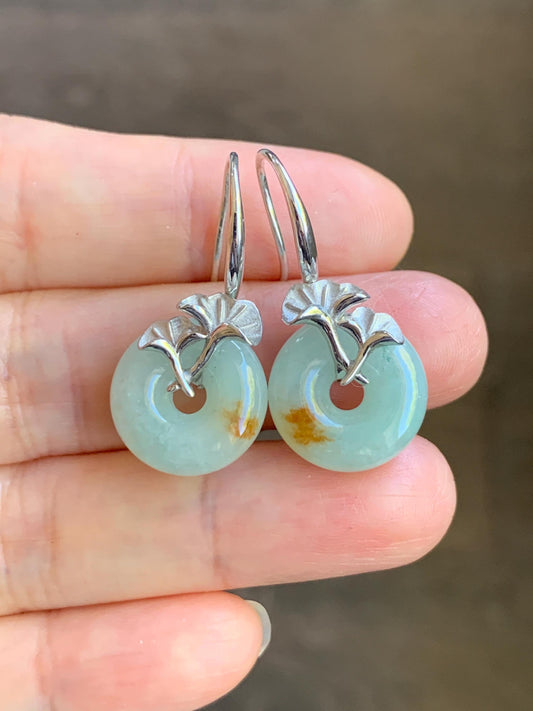 Certified Natural Burmese Icy Light Green Golden Marbled Jadeite Ping An Kou Donut Dangle Earrings Sterling Silver 天然缅甸冰晴撒金翡翠平安扣银杏叶银镶耳钩 3046