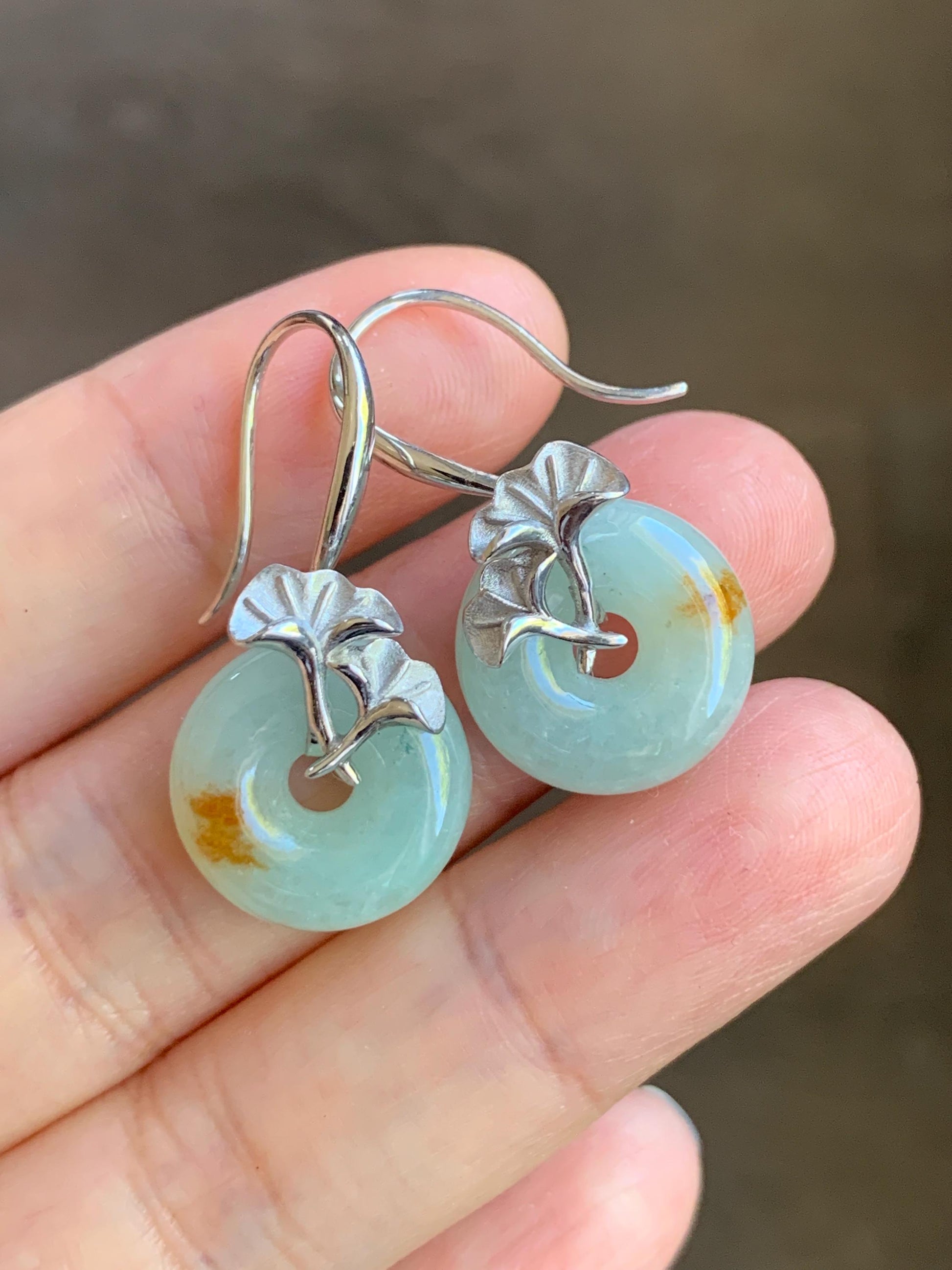 Certified Natural Burmese Icy Light Green Golden Marbled Jadeite Ping An Kou Donut Dangle Earrings Sterling Silver 天然缅甸冰晴撒金翡翠平安扣银杏叶银镶耳钩 3046