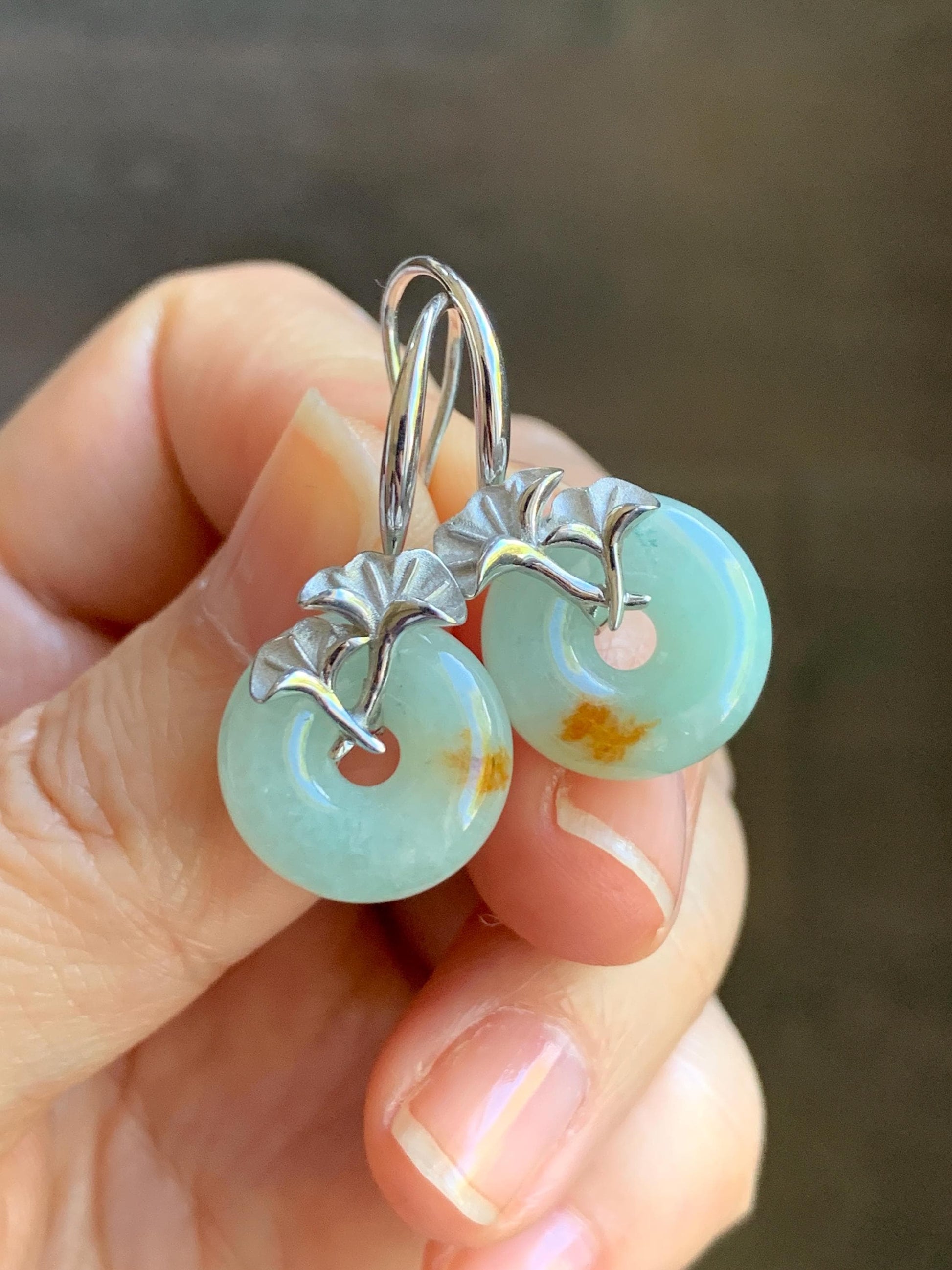 Certified Natural Burmese Icy Light Green Golden Marbled Jadeite Ping An Kou Donut Dangle Earrings Sterling Silver 天然缅甸冰晴撒金翡翠平安扣银杏叶银镶耳钩 3046