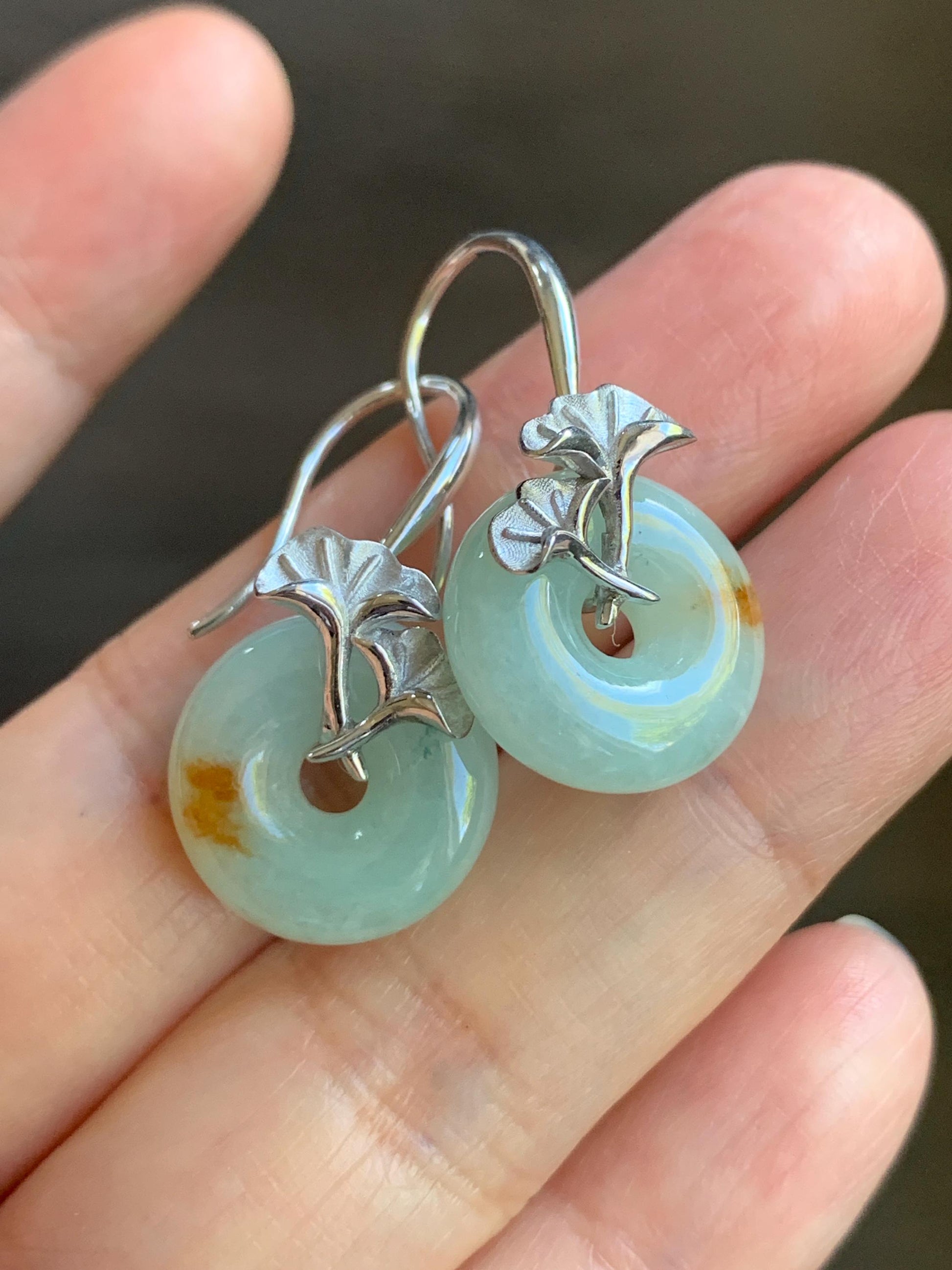 Certified Natural Burmese Icy Light Green Golden Marbled Jadeite Ping An Kou Donut Dangle Earrings Sterling Silver 天然缅甸冰晴撒金翡翠平安扣银杏叶银镶耳钩 3046