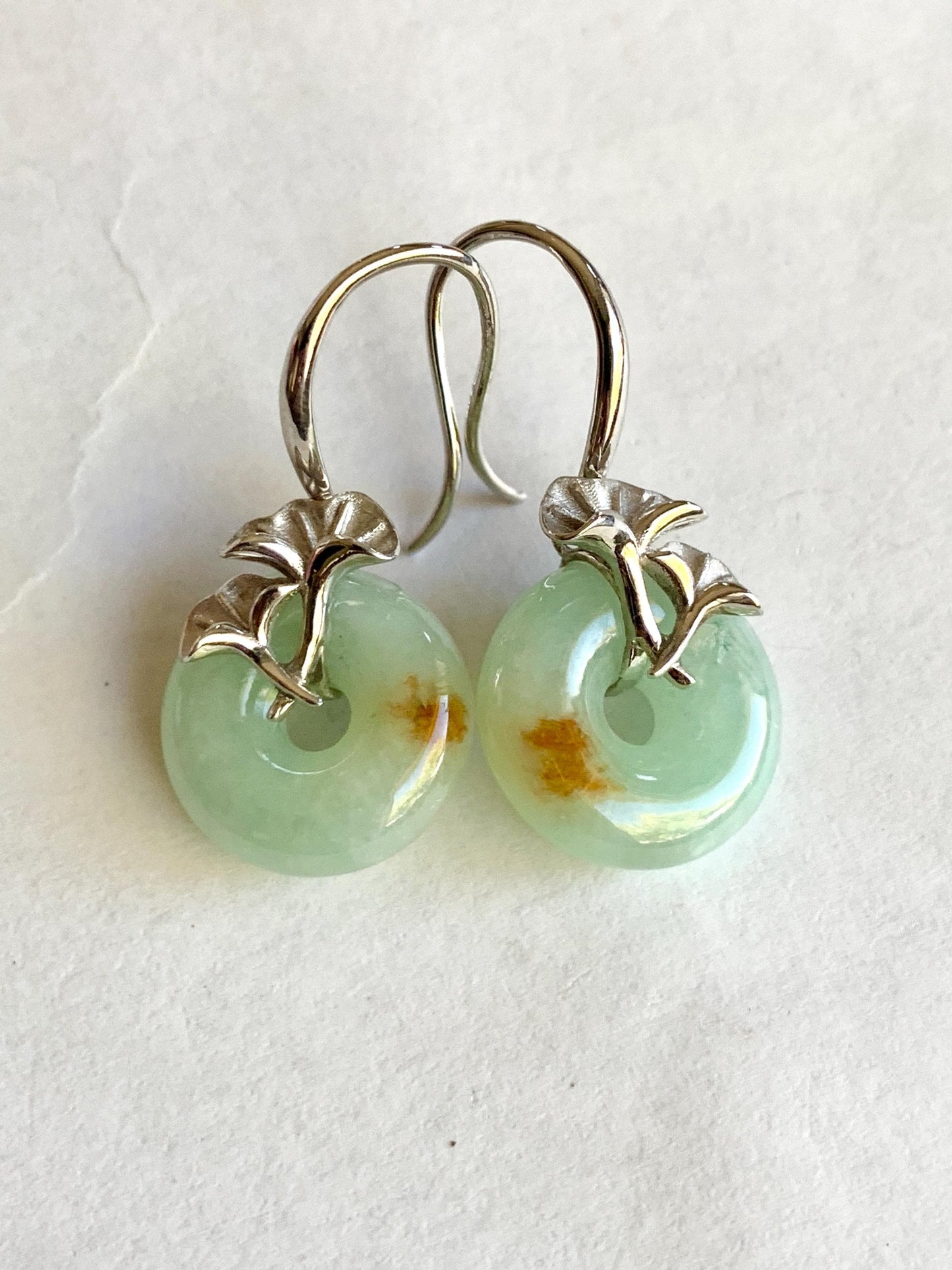 Certified Natural Burmese Icy Light Green Golden Marbled Jadeite Ping An Kou Donut Dangle Earrings Sterling Silver 天然缅甸冰晴撒金翡翠平安扣银杏叶银镶耳钩 3046