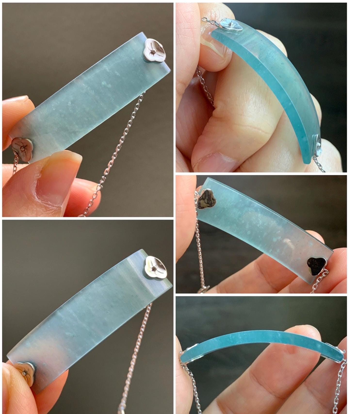 Certified Natural Guatemalan Icy Highly Translucent Dusty Blue Jadeite Cuff Chain Bracelet 18K White Gold 6.25”-7” 7.62g 天然冰危蓝翡翠素手牌镶嵌手链 3044