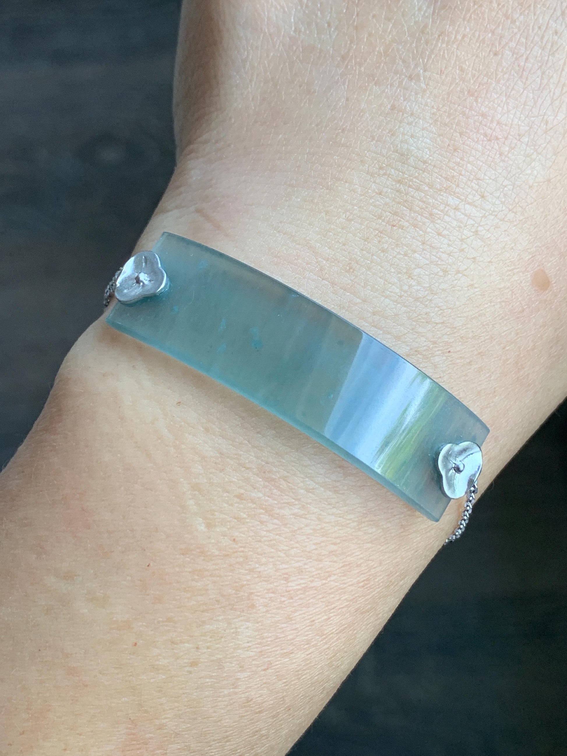 Certified Natural Guatemalan Icy Highly Translucent Dusty Blue Jadeite Cuff Chain Bracelet 18K White Gold 6.25”-7” 7.62g 天然冰危蓝翡翠素手牌镶嵌手链 3044