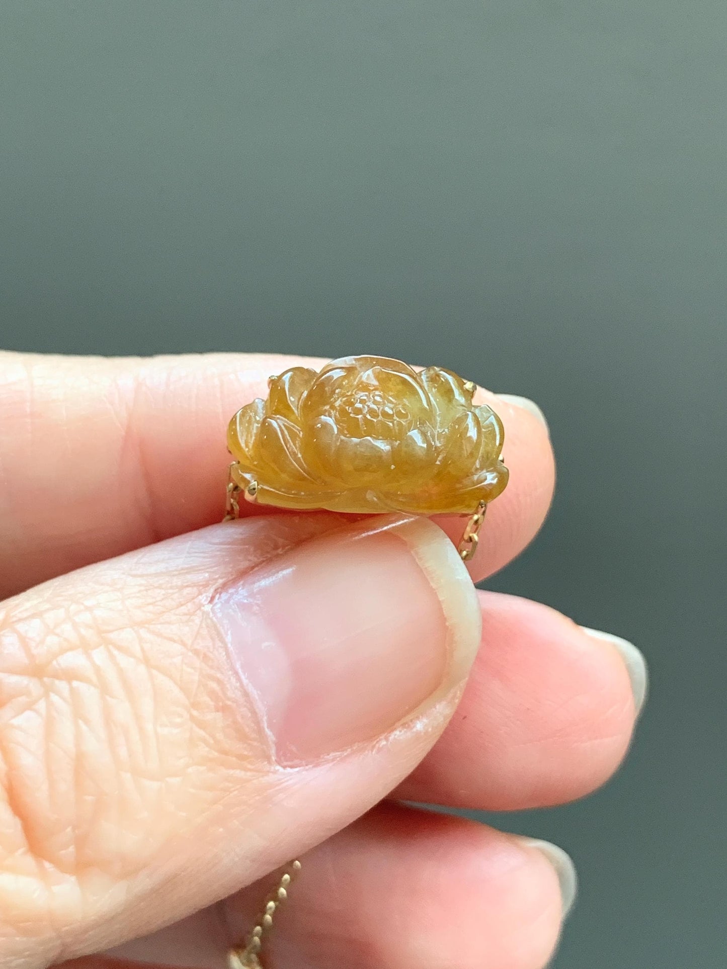 Certified Natural Burmese Icy Highly Translucent Golden Yellow Jadeite Lotus Flower Chain Ring 18K Yellow Gold Adjustable 天然缅甸冰黄翡翠莲花镶嵌戒指 042