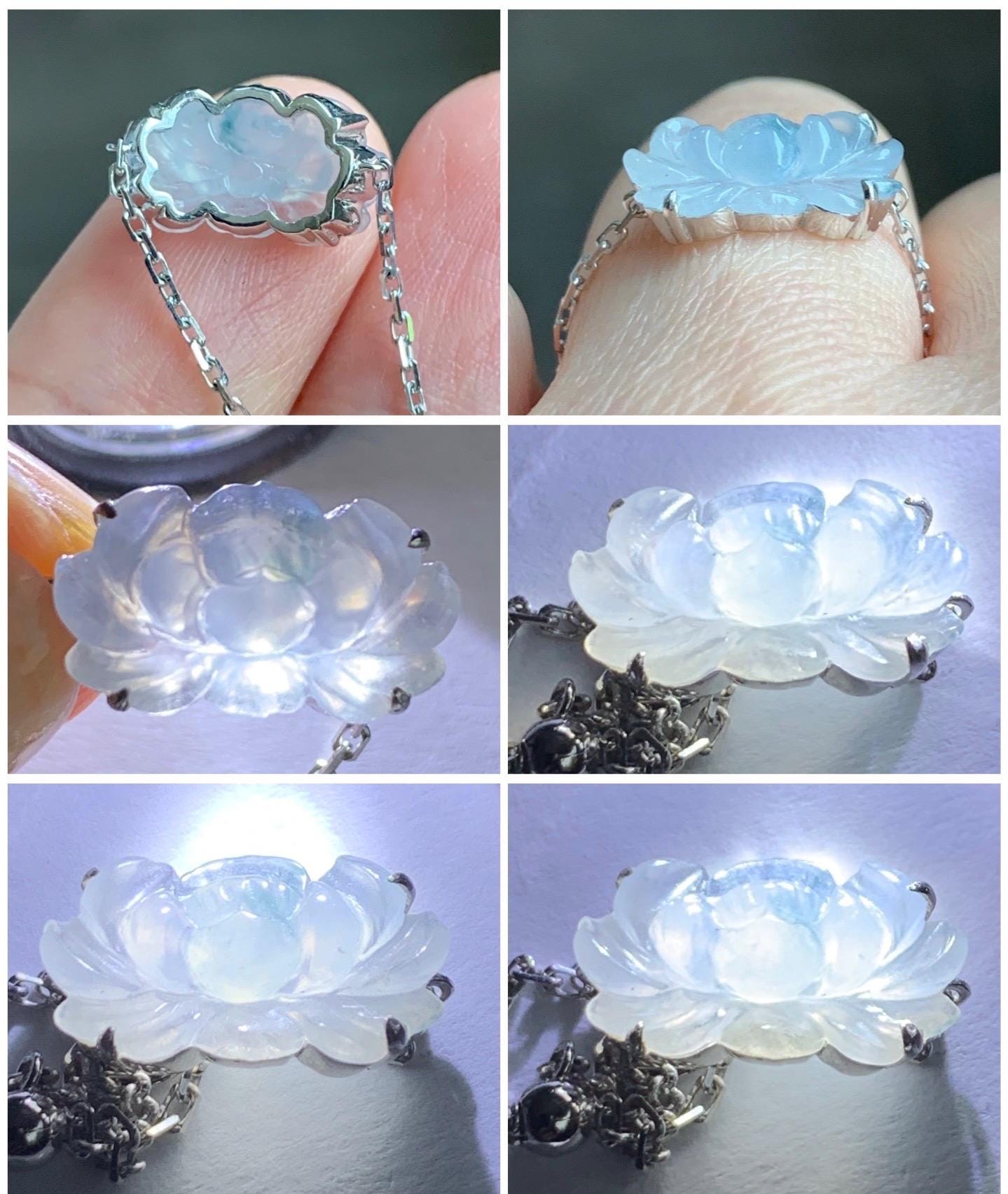 Certified Natural Burmese Icy Highly Translucent White & Teal Blue Jadeite Lotus Flower Chain Ring 18K White Gold Adjustable 天然缅甸冰飘花翡翠莲花镶嵌戒指