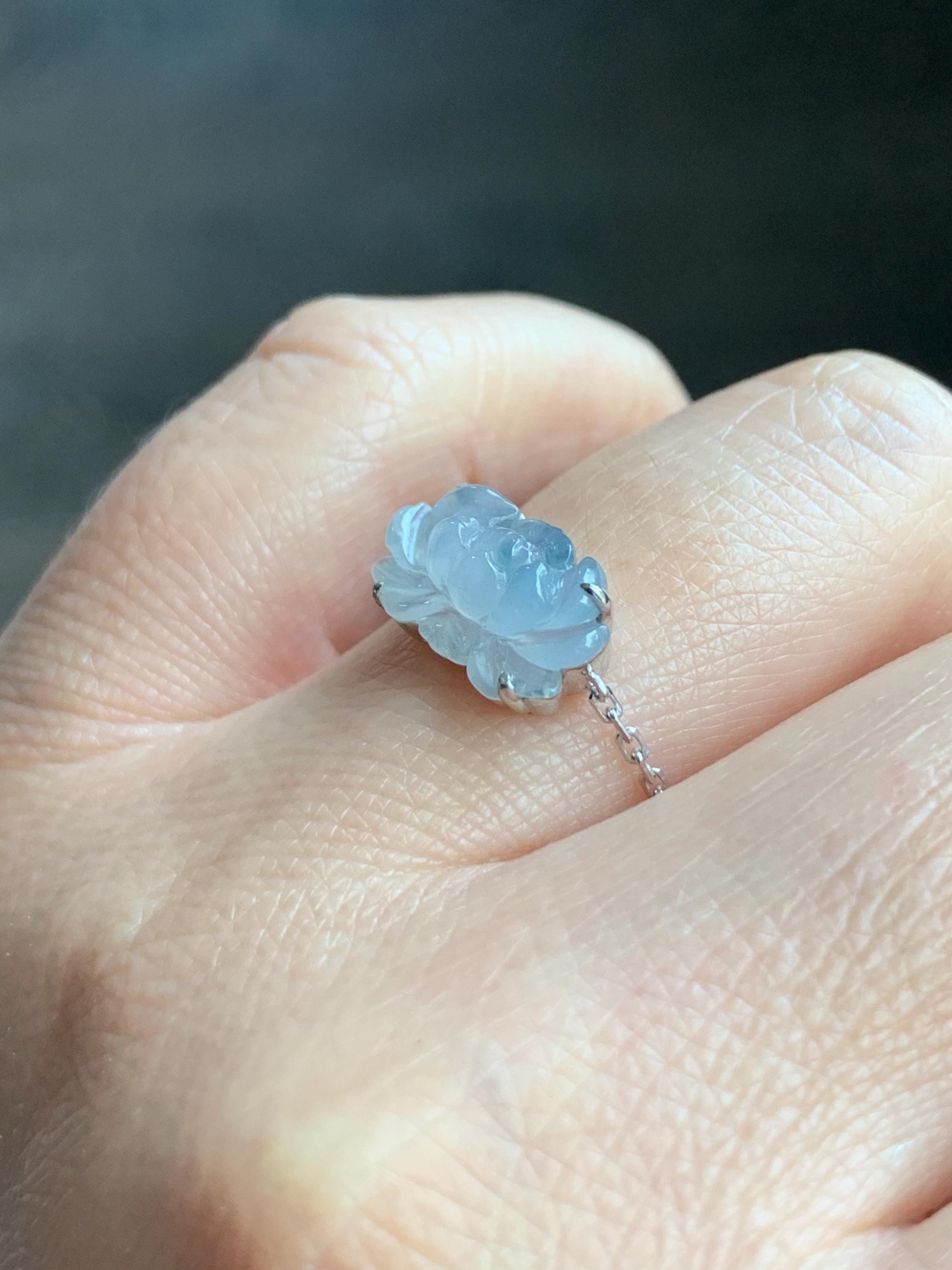 Certified Natural Burmese Icy Highly Translucent White & Teal Blue Jadeite Lotus Flower Chain Ring 18K White Gold Adjustable 天然缅甸冰飘花翡翠莲花镶嵌戒指