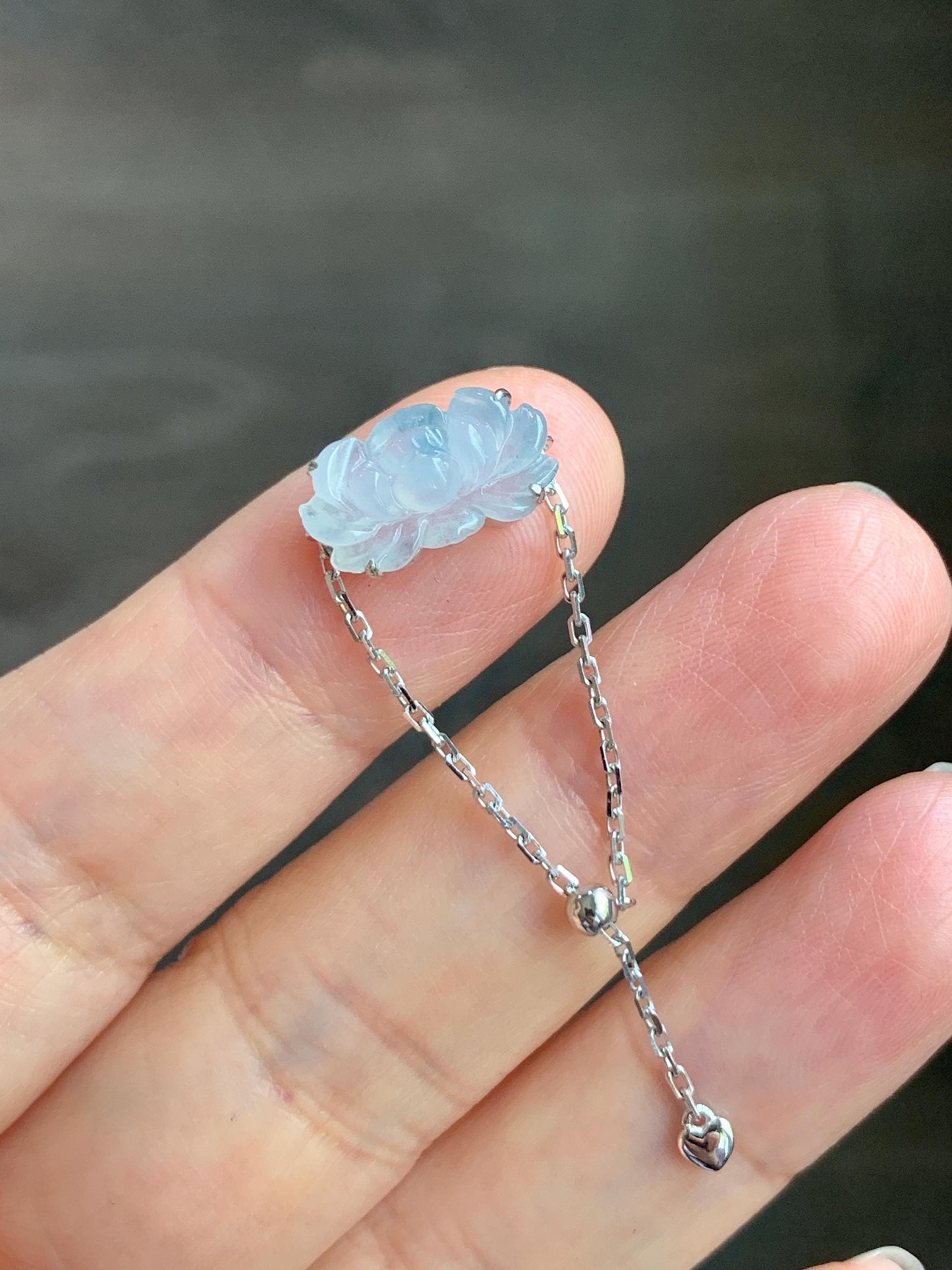 Certified Natural Burmese Icy Highly Translucent White & Teal Blue Jadeite Lotus Flower Chain Ring 18K White Gold Adjustable 天然缅甸冰飘花翡翠莲花镶嵌戒指