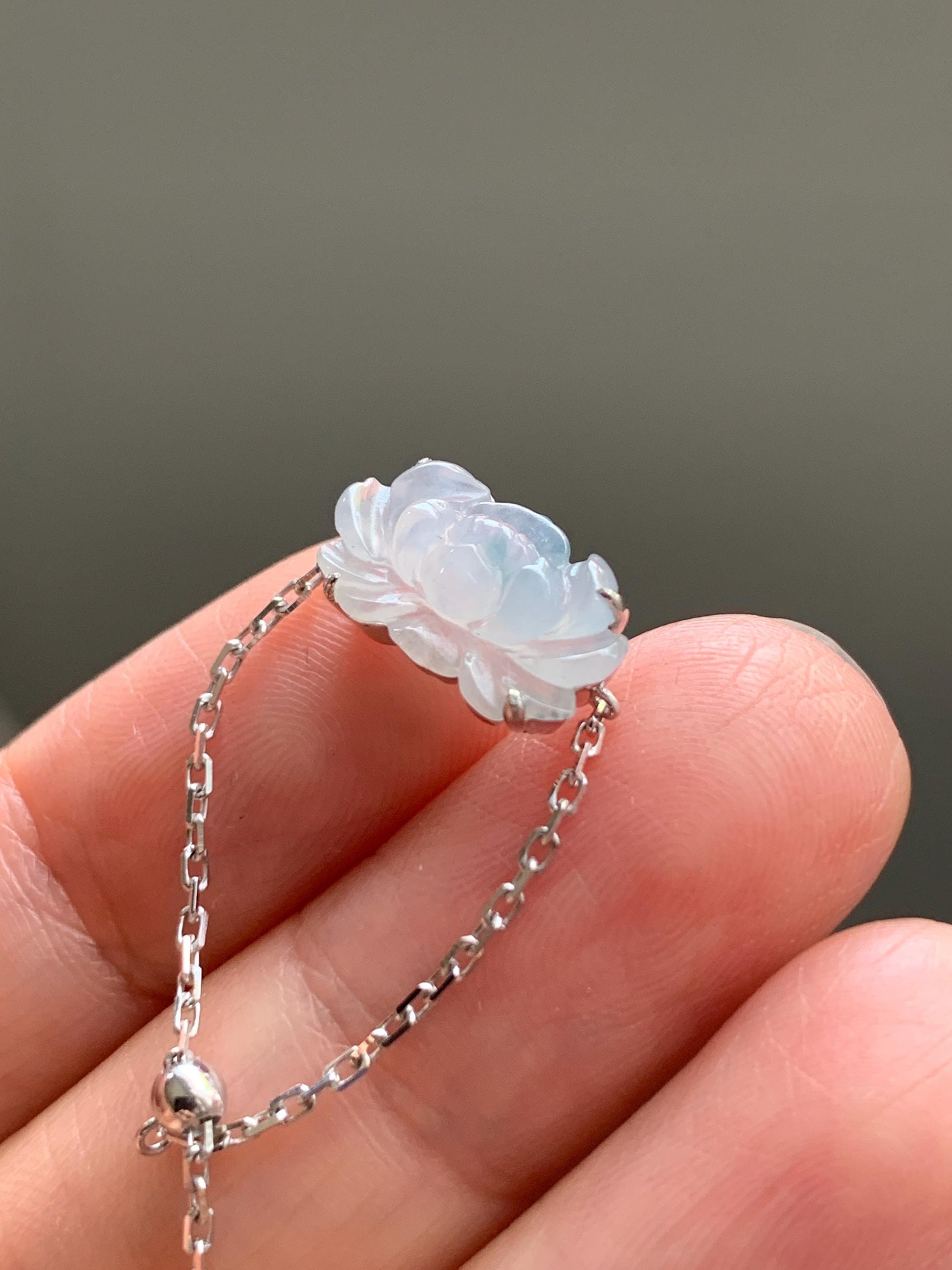 Certified Natural Burmese Icy Highly Translucent White & Teal Blue Jadeite Lotus Flower Chain Ring 18K White Gold Adjustable 天然缅甸冰飘花翡翠莲花镶嵌戒指