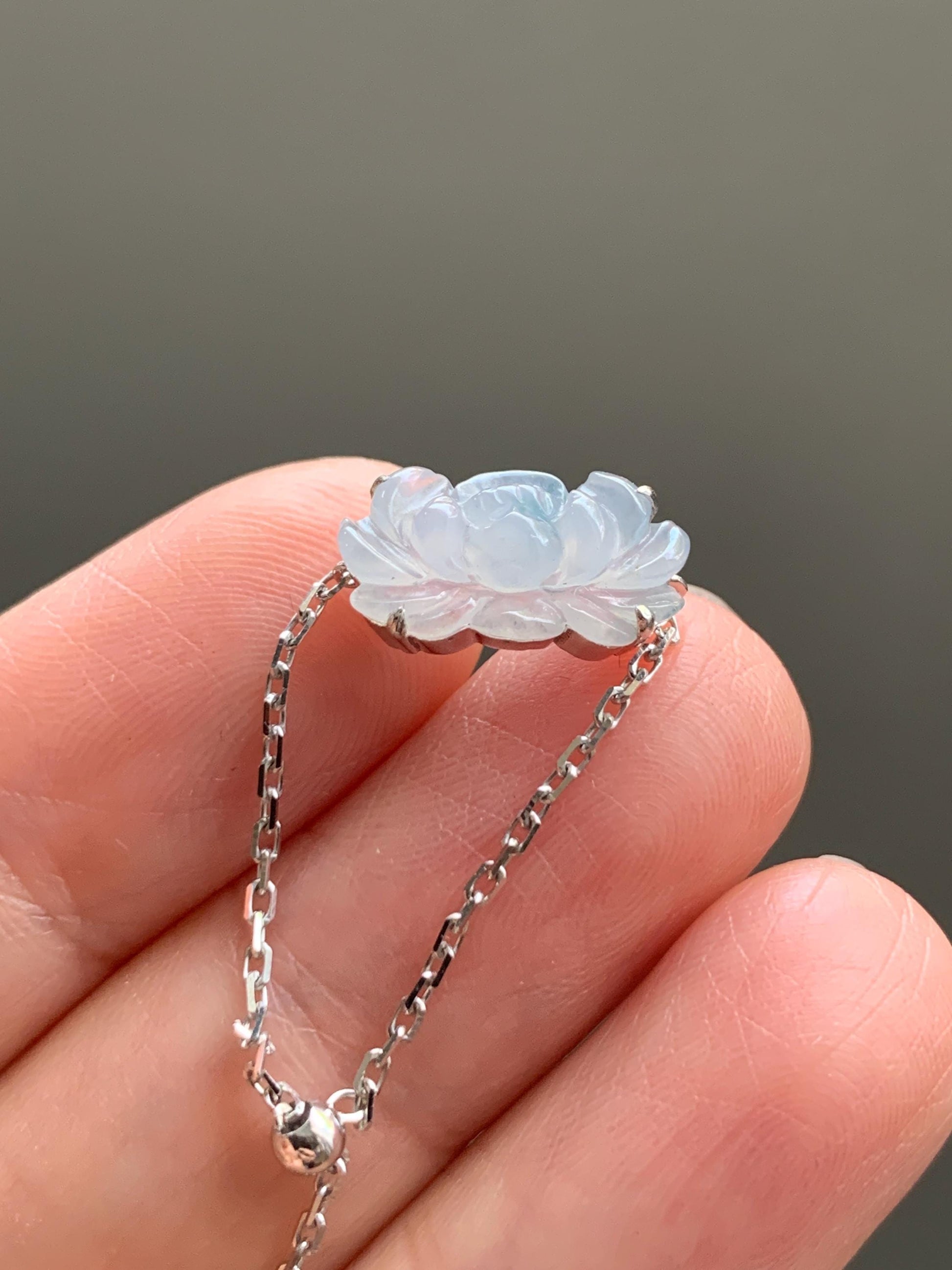 Certified Natural Burmese Icy Highly Translucent White & Teal Blue Jadeite Lotus Flower Chain Ring 18K White Gold Adjustable 天然缅甸冰飘花翡翠莲花镶嵌戒指