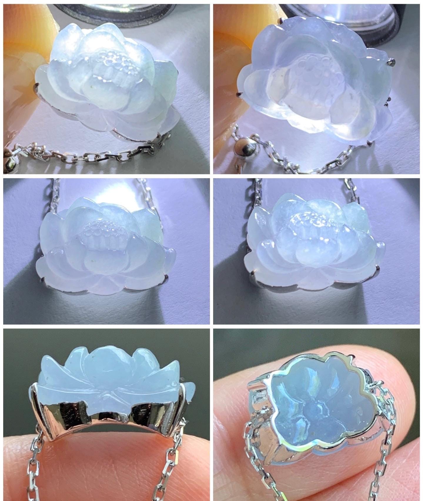 Certified Natural Burmese Icy Translucent Light Purplish Blue Jadeite Lotus Flower Chain Ring 18K White Gold Adjustable 天然缅甸冰淡篮紫翡翠莲花镶嵌戒指