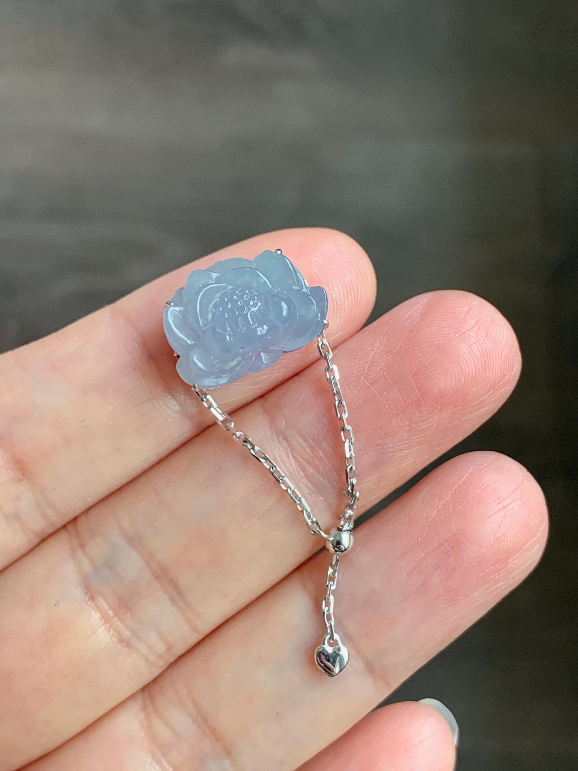 Certified Natural Burmese Icy Translucent Light Purplish Blue Jadeite Lotus Flower Chain Ring 18K White Gold Adjustable 天然缅甸冰淡篮紫翡翠莲花镶嵌戒指