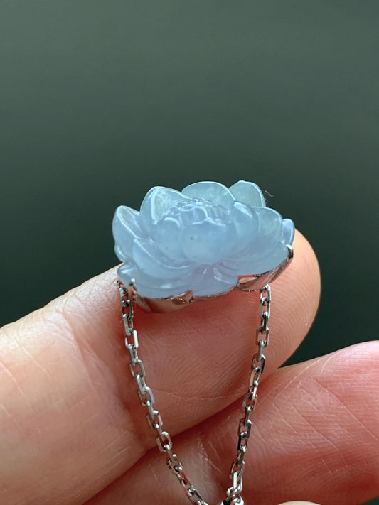 Certified Natural Burmese Icy Translucent Light Purplish Blue Jadeite Lotus Flower Chain Ring 18K White Gold Adjustable 天然缅甸冰淡篮紫翡翠莲花镶嵌戒指