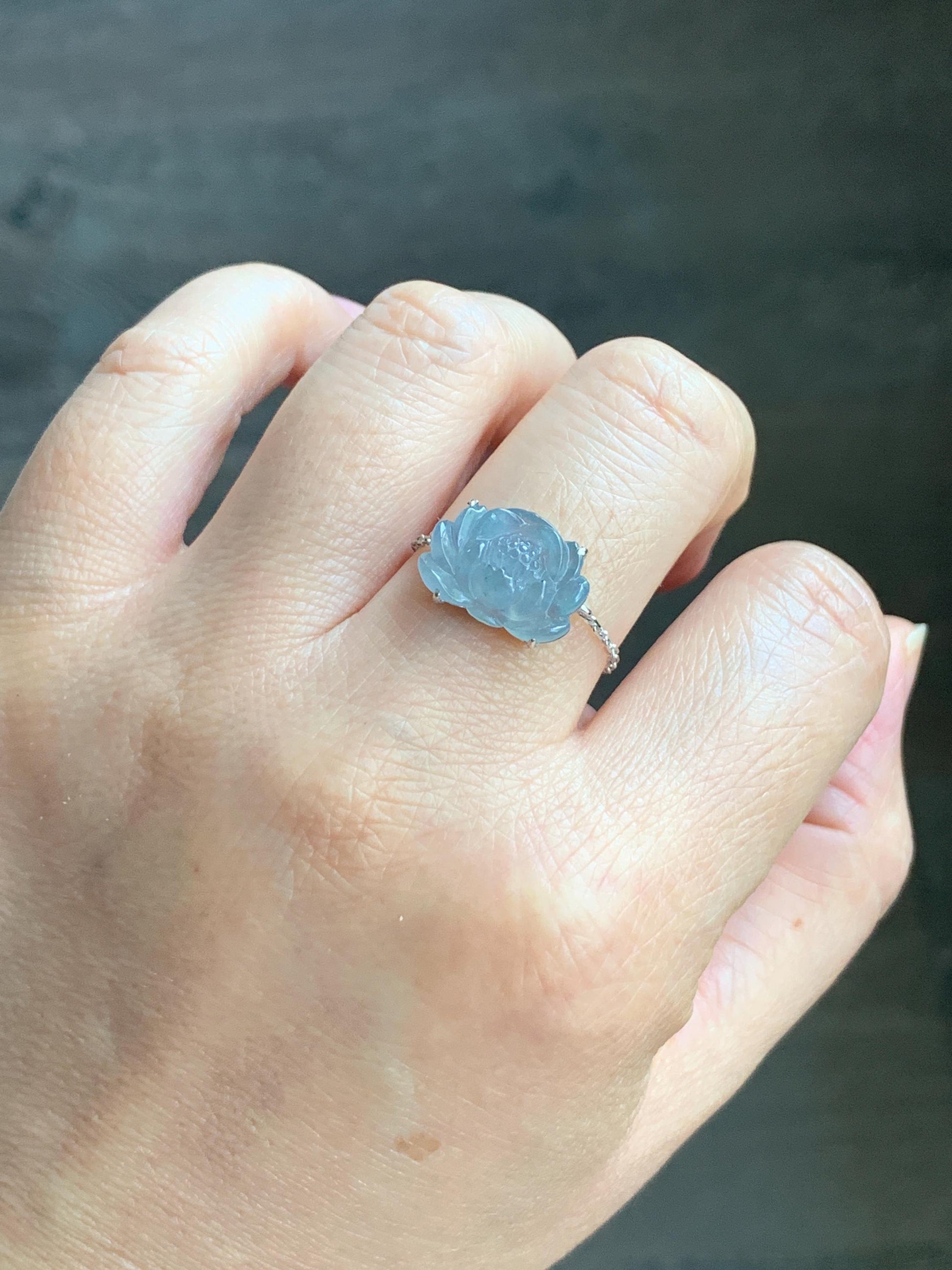 Certified Natural Burmese Icy Translucent Light Dusty Blue Jadeite Lotus Flower Chain Ring 18K White Gold Adjustable 天然缅甸冰淡篮翡翠莲花镶嵌戒指 3039