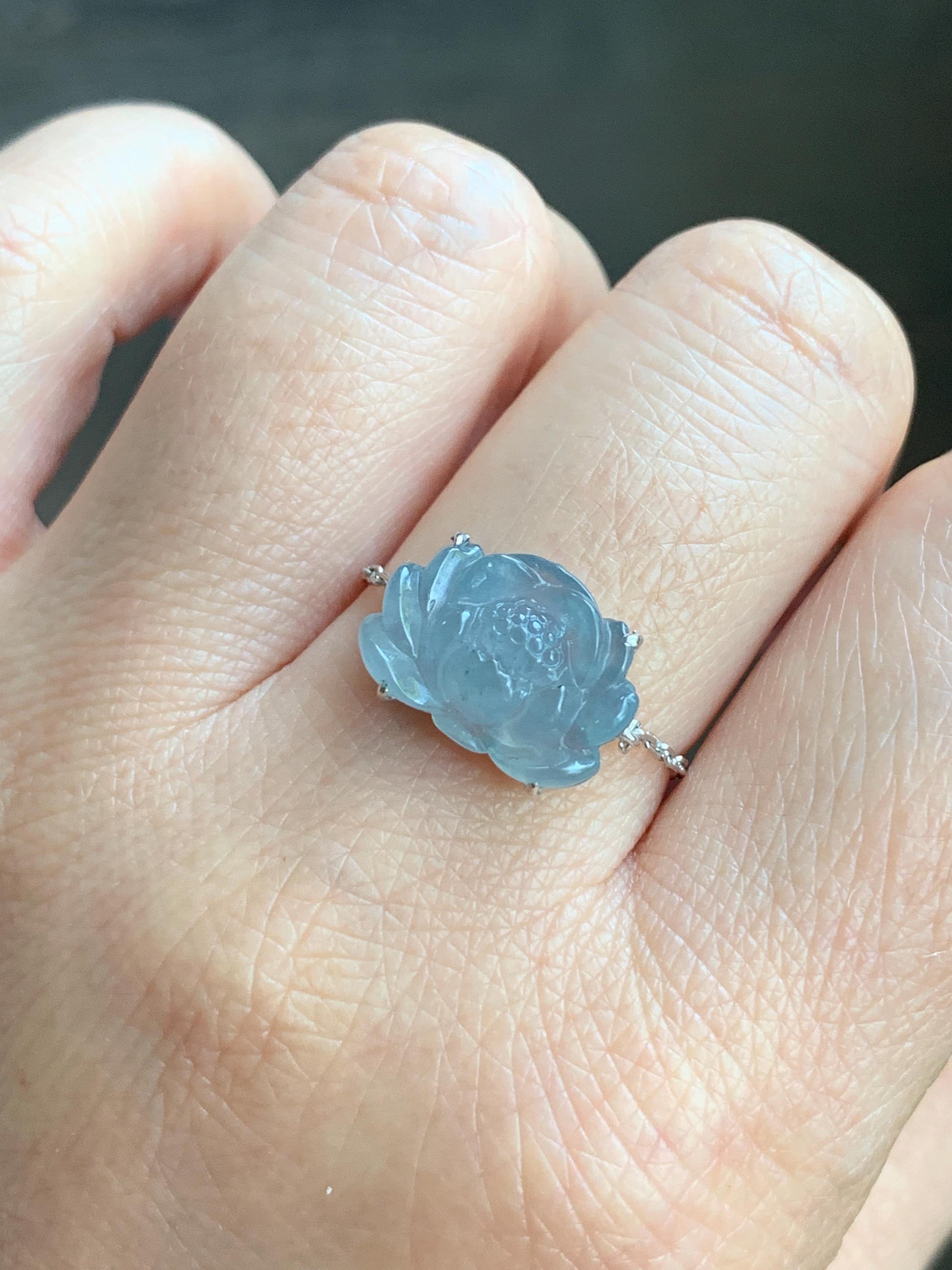 Certified Natural Burmese Icy Translucent Light Dusty Blue Jadeite Lotus Flower Chain Ring 18K White Gold Adjustable 天然缅甸冰淡篮翡翠莲花镶嵌戒指 3039