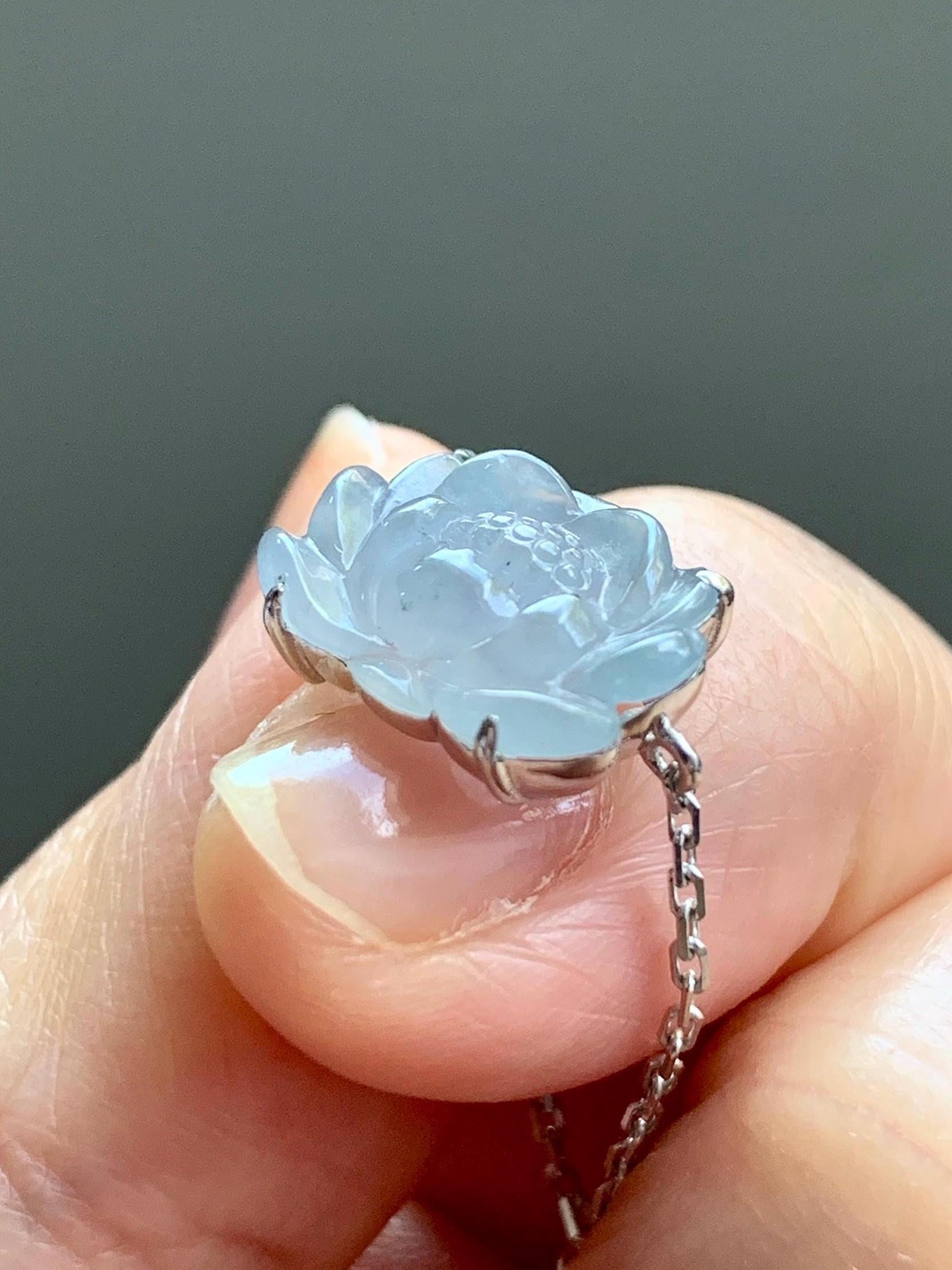Certified Natural Burmese Icy Translucent Light Dusty Blue Jadeite Lotus Flower Chain Ring 18K White Gold Adjustable 天然缅甸冰淡篮翡翠莲花镶嵌戒指 3039