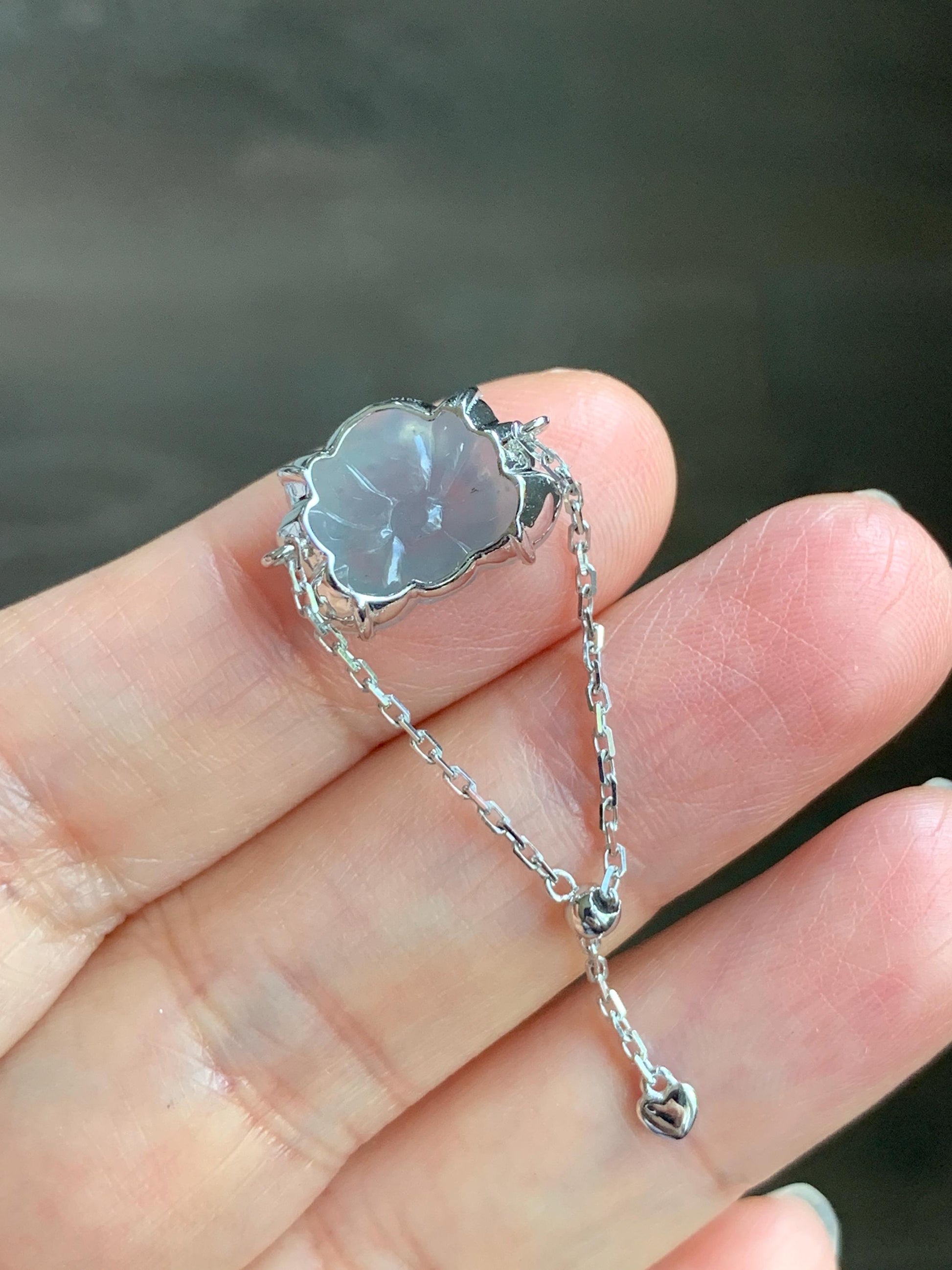 Certified Natural Burmese Icy Translucent Light Dusty Blue Jadeite Lotus Flower Chain Ring 18K White Gold Adjustable 天然缅甸冰淡篮翡翠莲花镶嵌戒指 3039
