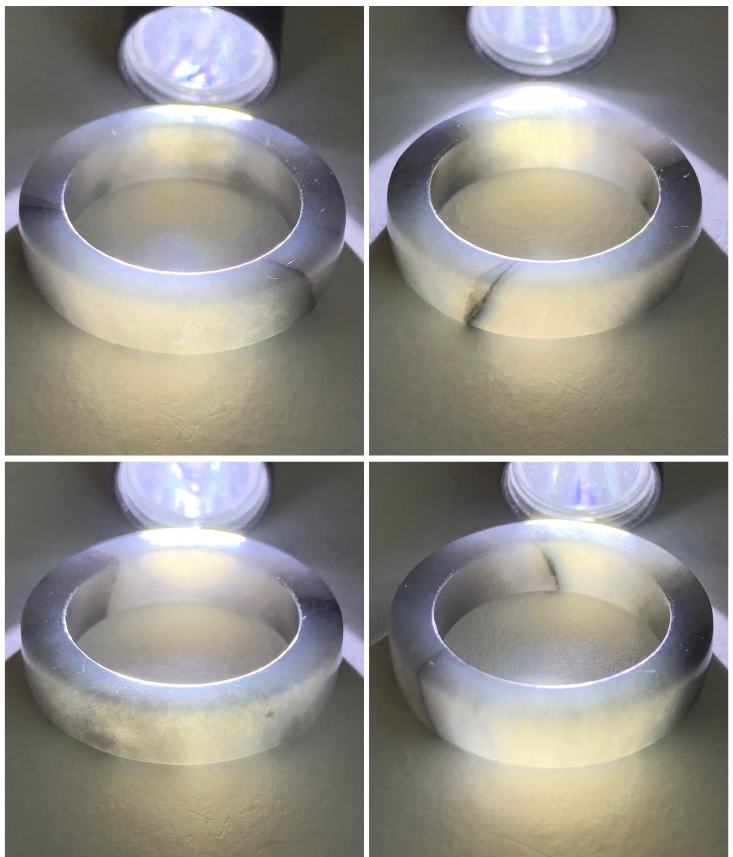 Natural Burmese Icy Translucent Gelatinous Light Gray Wuji Marbled Jadeite Square Edged Band Ring Size 9 5g 天然缅甸冰胶乌鸡翡翠角戒戒圈 MJW529
