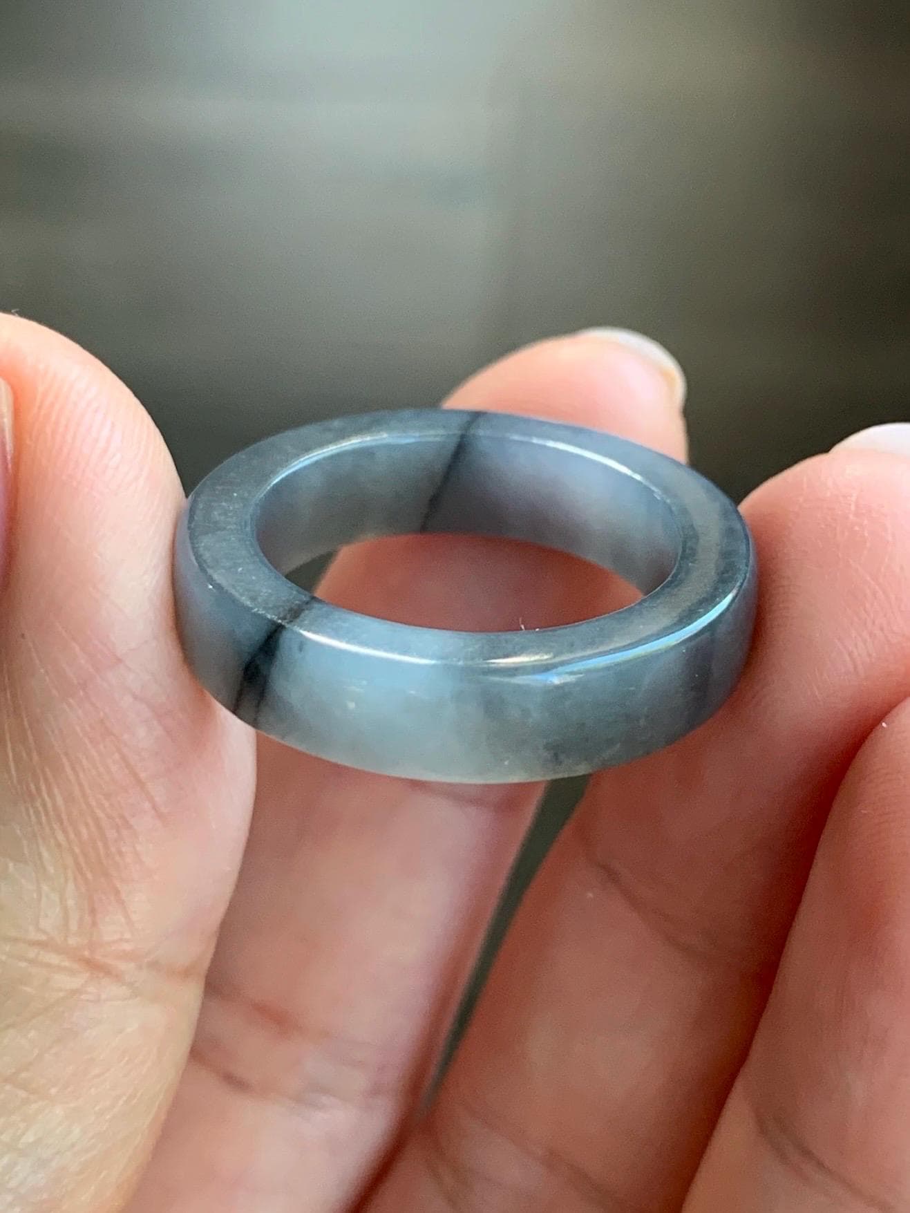 Natural Burmese Icy Translucent Gelatinous Light Gray Wuji Marbled Jadeite Square Edged Band Ring Size 9 5g 天然缅甸冰胶乌鸡翡翠角戒戒圈 MJW529