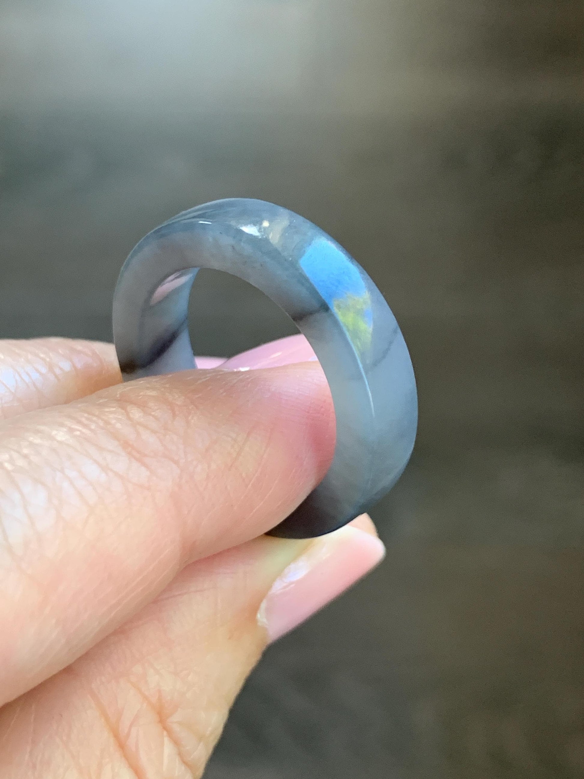 Natural Burmese Icy Translucent Gelatinous Light Gray Wuji Marbled Jadeite Square Edged Band Ring Size 9 5g 天然缅甸冰胶乌鸡翡翠角戒戒圈 MJW529