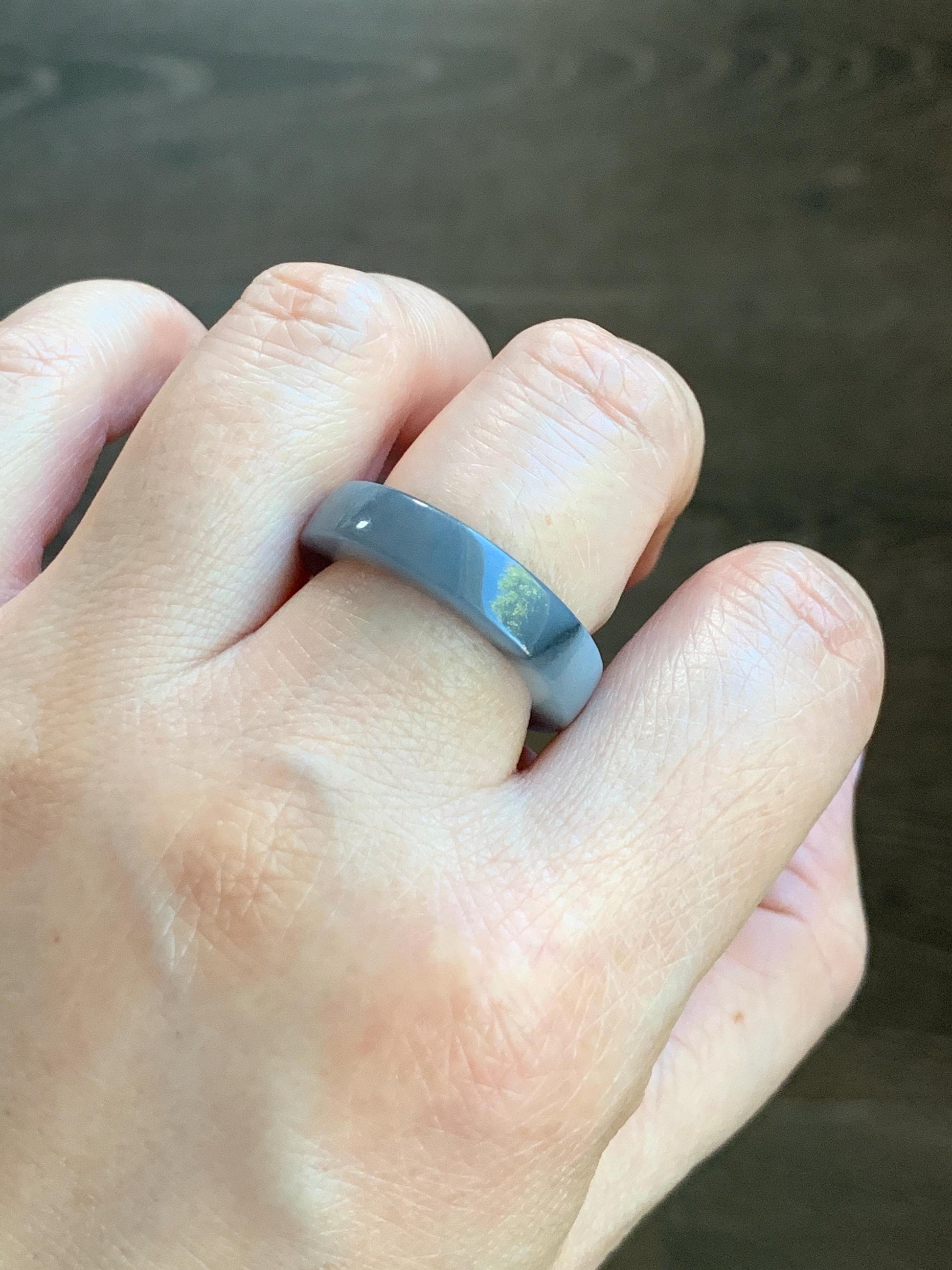 Natural Burmese Icy Translucent Gelatinous Light Gray Wuji Marbled Jadeite Square Edged Band Ring Size 9 5g 天然缅甸冰胶乌鸡翡翠角戒戒圈 MJW529