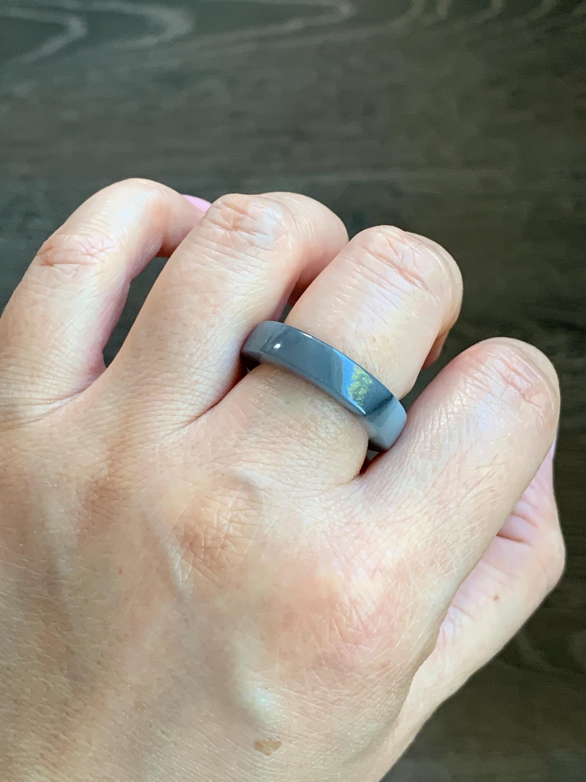 Natural Burmese Icy Translucent Gelatinous Light Gray Wuji Marbled Jadeite Square Edged Band Ring Size 9 5g 天然缅甸冰胶乌鸡翡翠角戒戒圈 MJW529