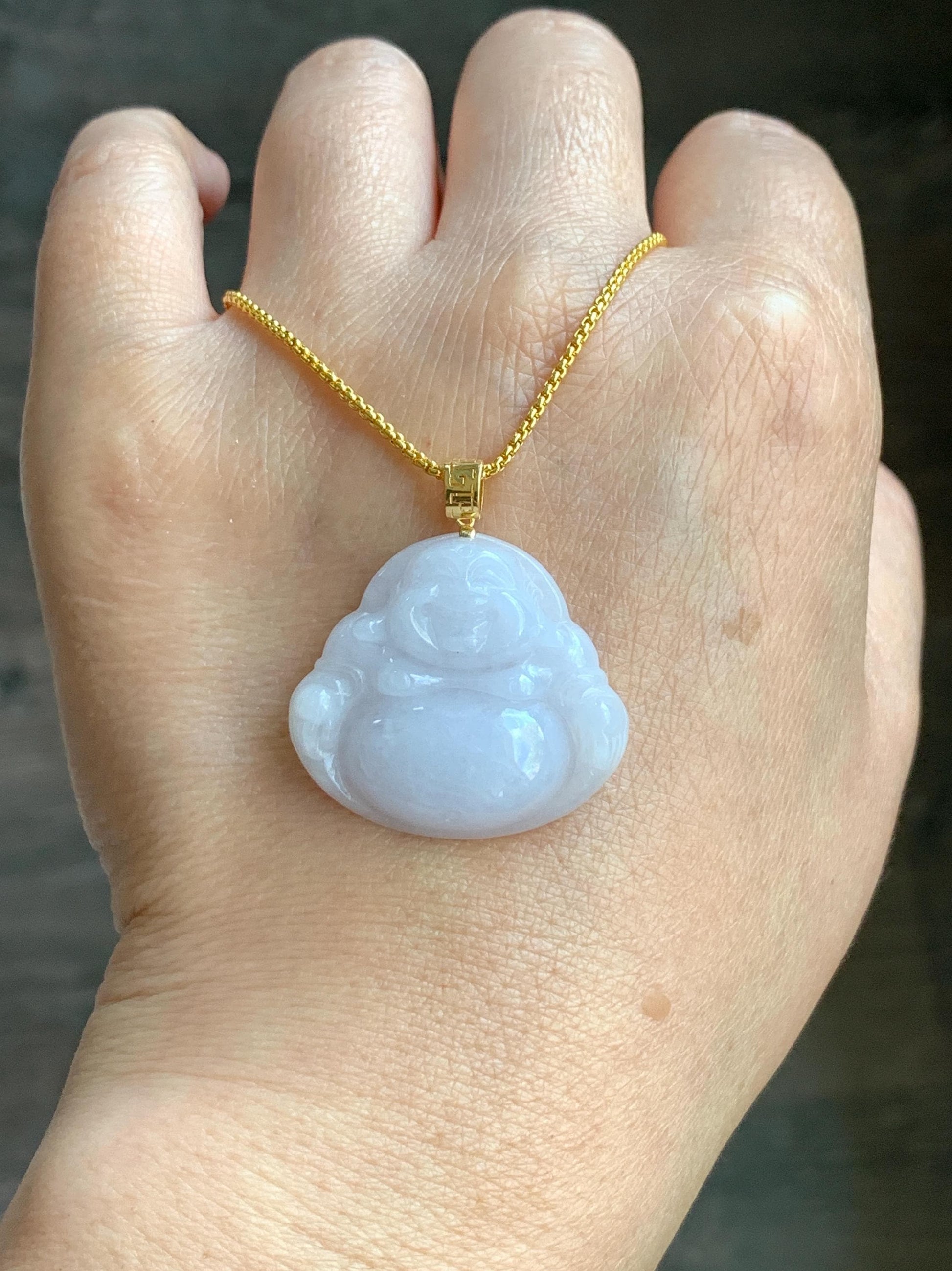Natural Burmese Icy Translucent White Jadeite Carved Buddha Pendant 18K Yellow Gold Bail 5g 天然缅甸细糯白冰紫底翡翠佛公镶嵌吊坠 B