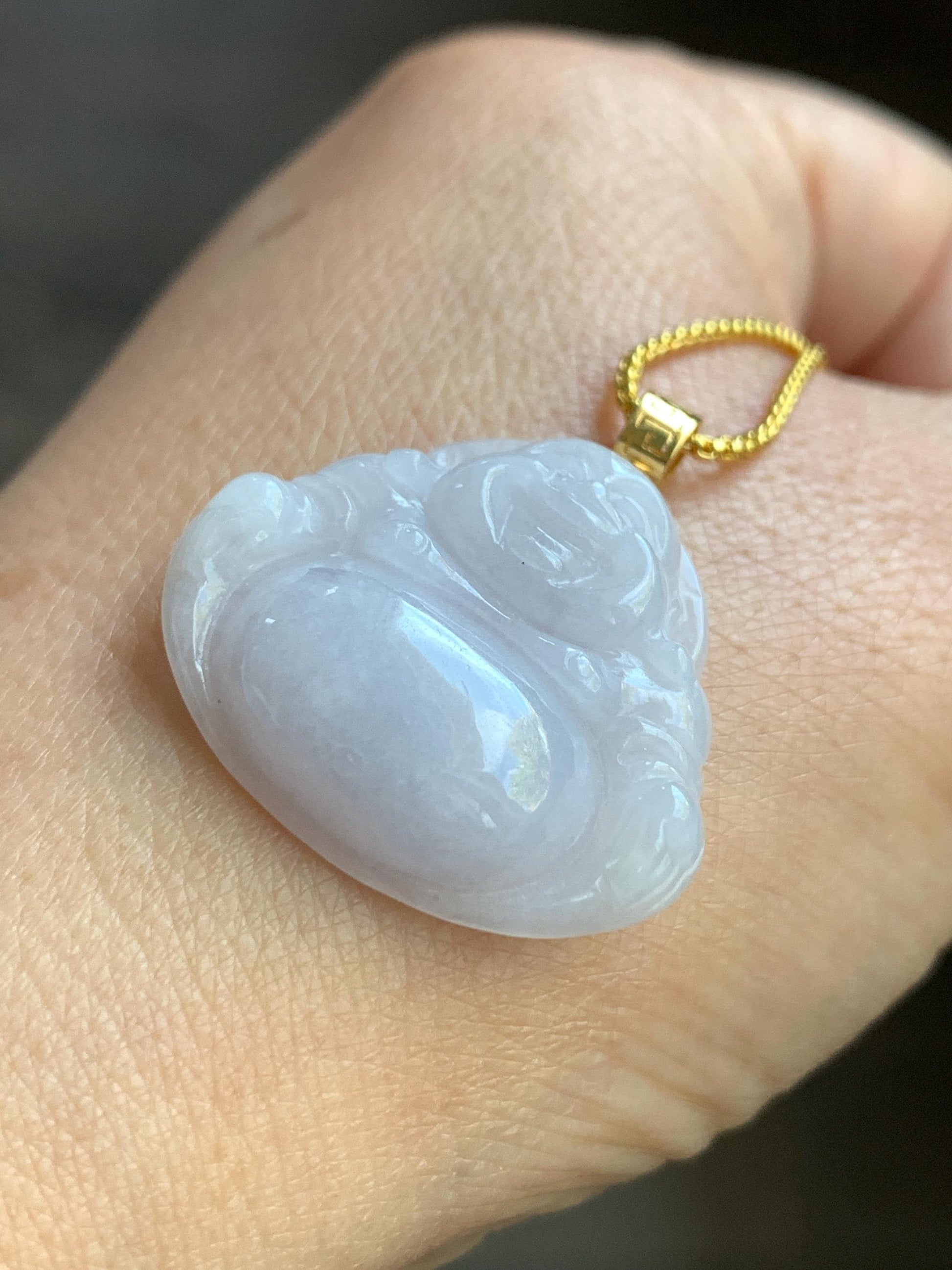 Natural Burmese Icy Translucent White Jadeite Carved Buddha Pendant 18K Yellow Gold Bail 5g 天然缅甸细糯白冰紫底翡翠佛公镶嵌吊坠 B