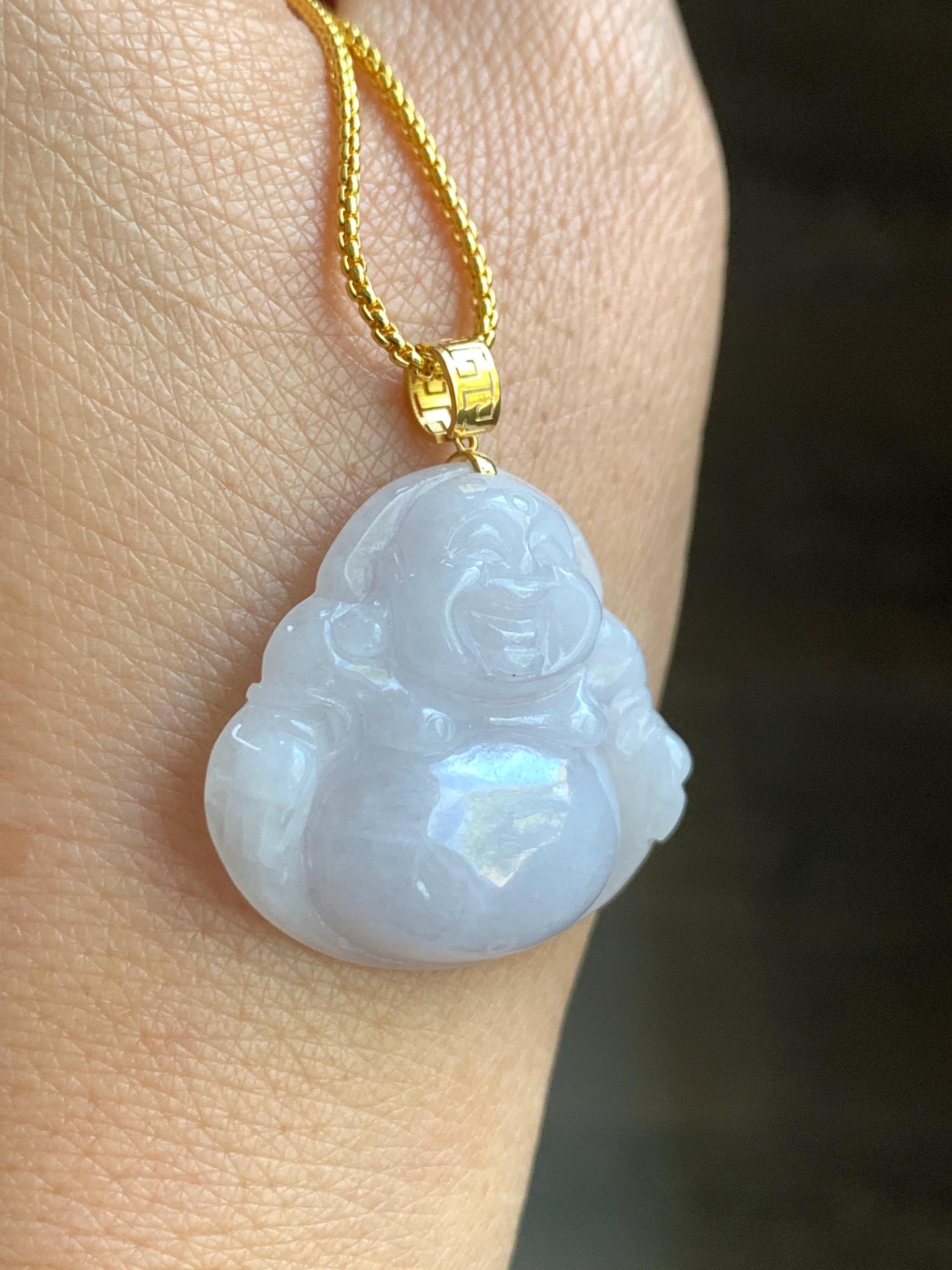 Natural Burmese Icy Translucent White Jadeite Carved Buddha Pendant 18K Yellow Gold Bail 5g 天然缅甸细糯白冰紫底翡翠佛公镶嵌吊坠 B