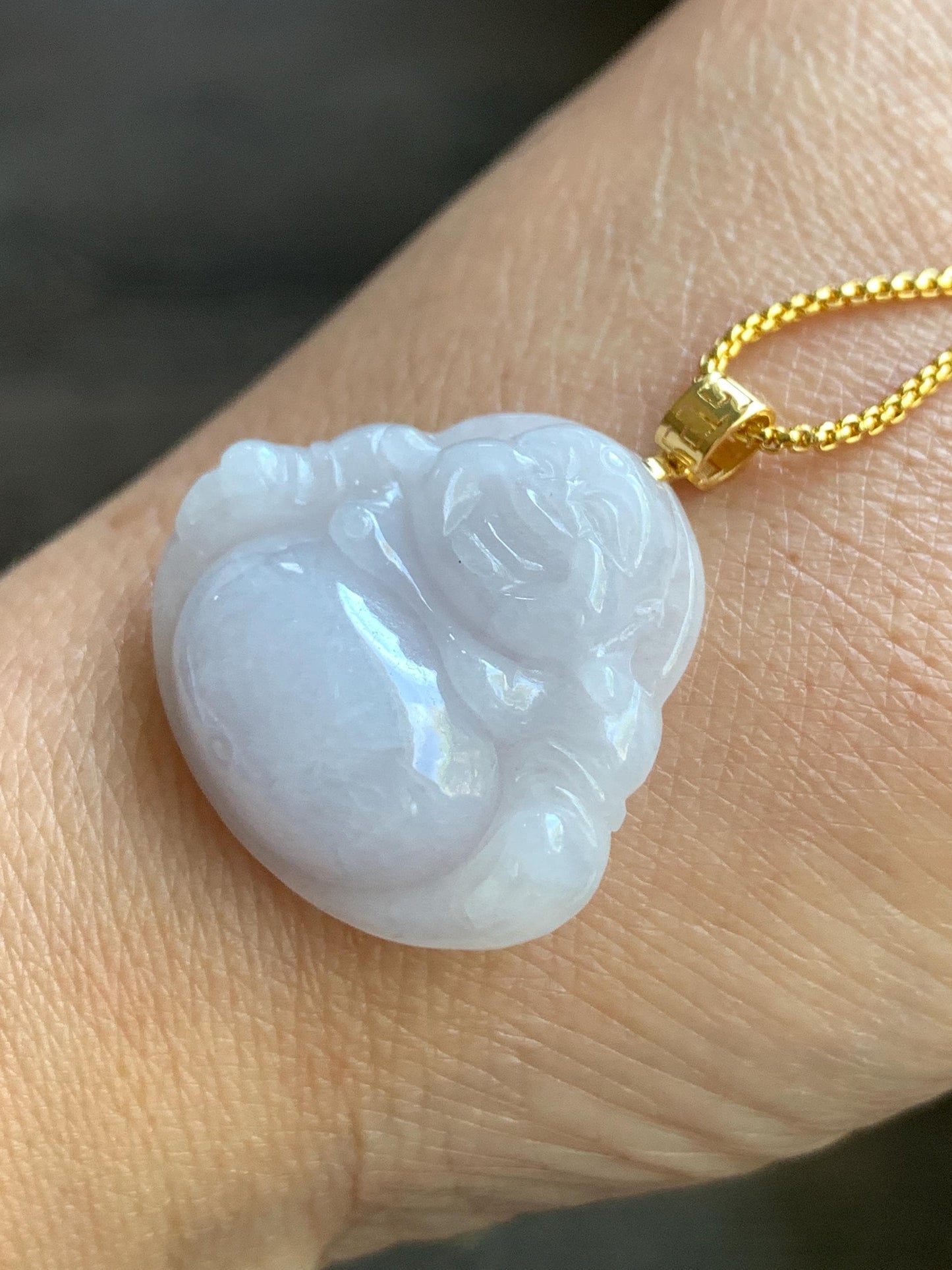 Natural Burmese Icy Translucent White Jadeite Carved Buddha Pendant 18K Yellow Gold Bail 5g 天然缅甸细糯白冰紫底翡翠佛公镶嵌吊坠 B