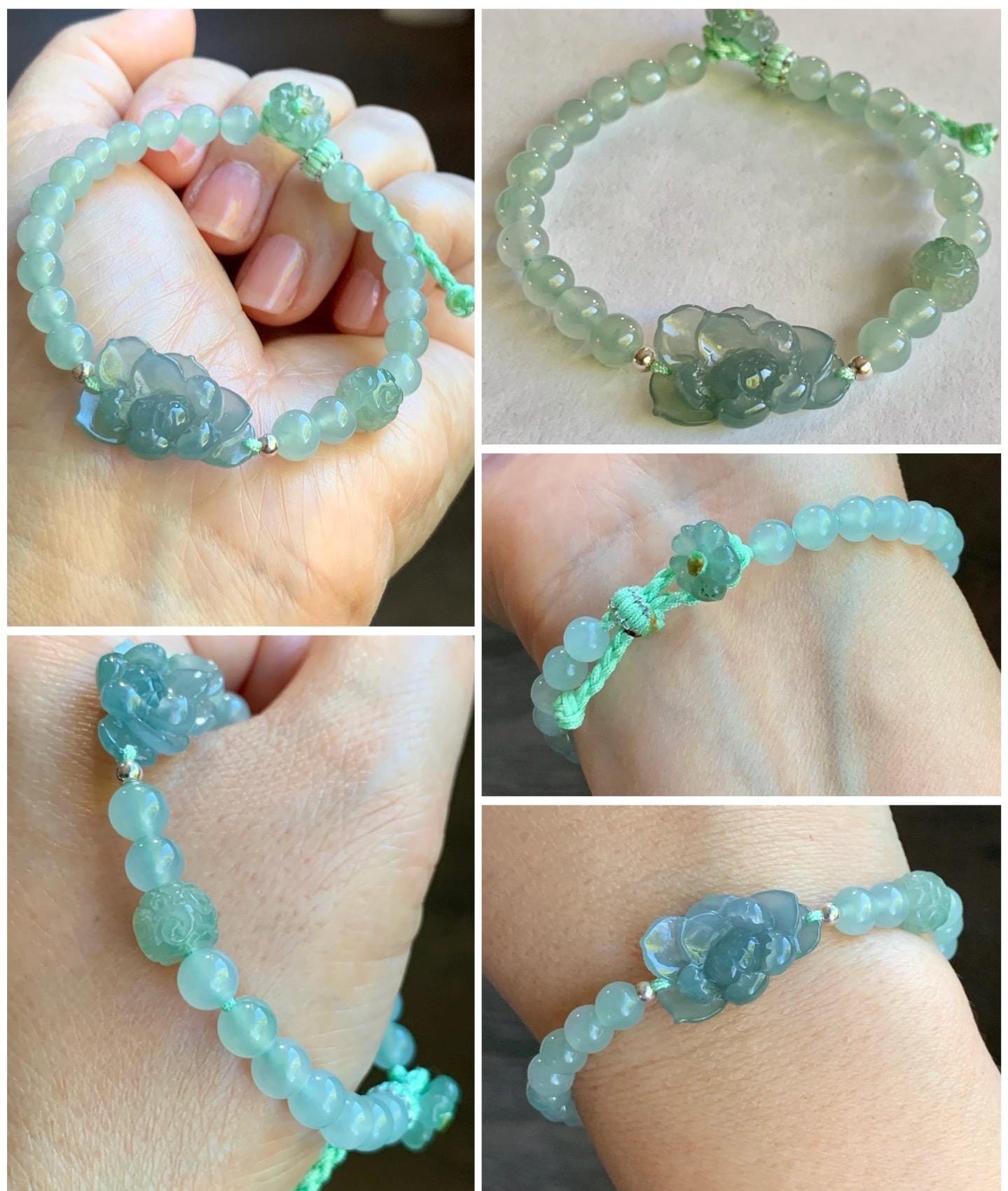 Certified Natural Burmese Icy Translucent Dusty Teal Blue & Light Green Jadeite Lotus Flower Beaded Bracelet 6.25”-7.25” 天然缅甸冰蓝翡翠莲花晴底珠手串 936